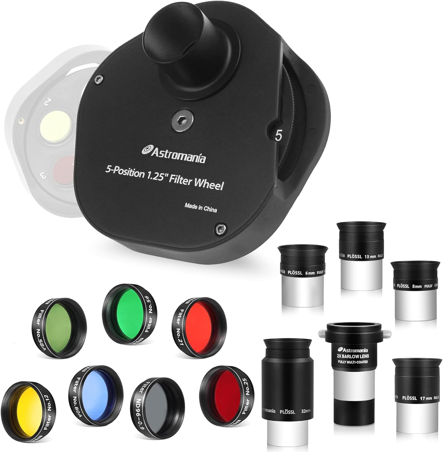 Astromania Astromania Telescope Accessory Kit 1.25 Inch - Bundle with - 1.25" Multiple 5-Position Filter Wheel