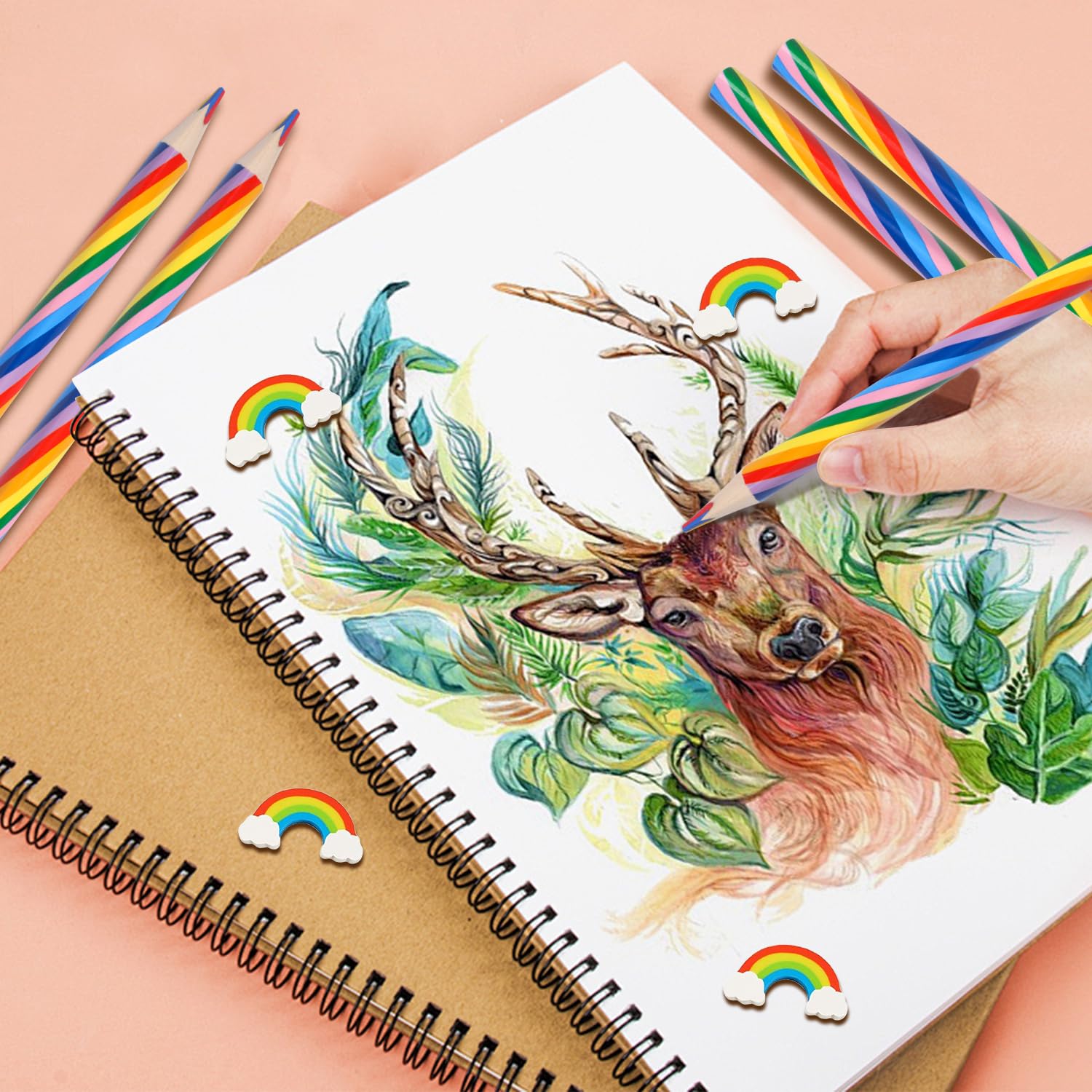Lot De 34 Crayons Arc-en-ciel – 12 Crayons 4-en-1, 12 Gommes Et 10 Carnets – Cadeau Anniversaire, école, Art – Couleurs Vives