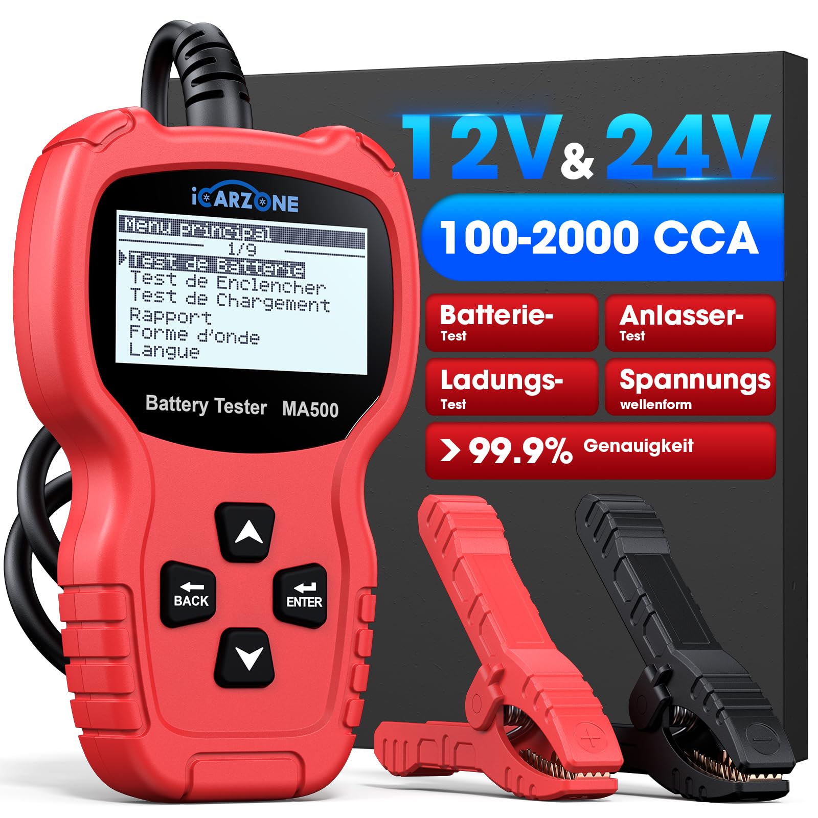 MA500 Auto Batterietester 12V/24V 100-2000CCA Spannungstester 9V - 30V Batterie Testgerät mit Entlade-, Start- und Ladetest für Auto, LKW, Motorrad, Boot, Wohnmobil, ATV, Yacht