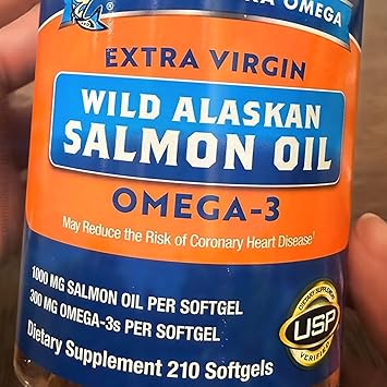 Wild Alaskan Salmon Oil Omega-3 210 Count. Extra Virgin 1000 mg Salmon Oil, 300 mg Omega-3s per Softgel, USP Verified