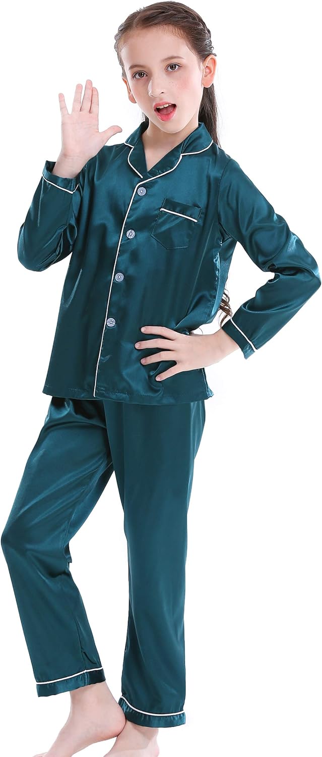 Girls Boys Satin Long Sleeve Button-Down Pajamas Set Sleepwear Loungewear - Image 5