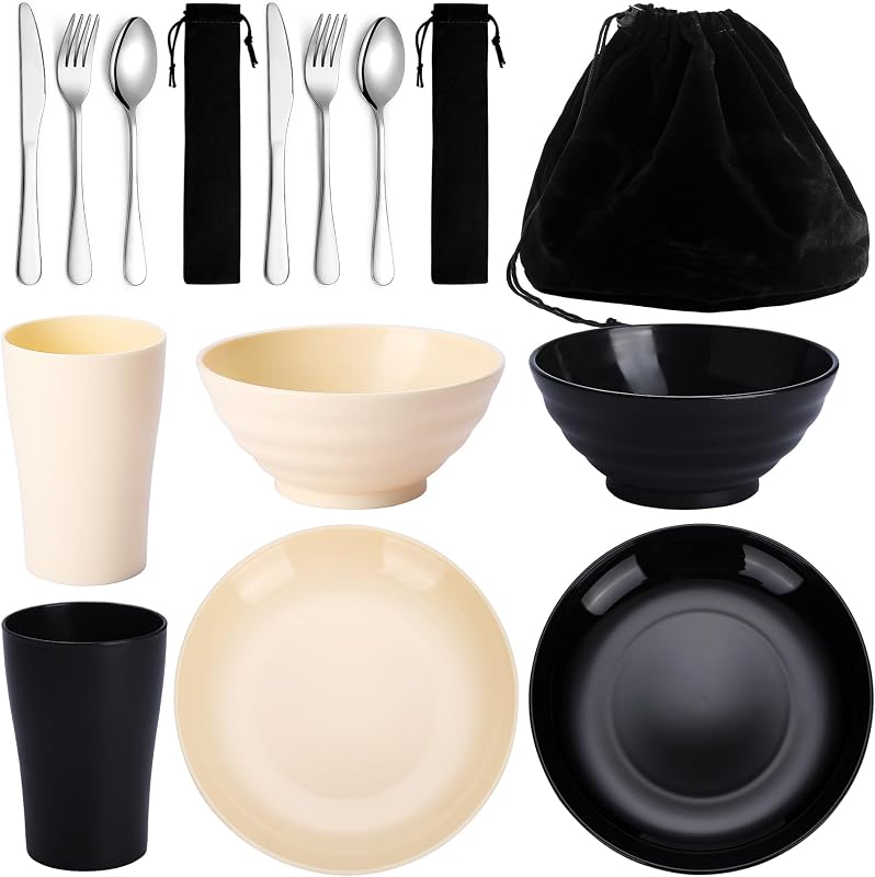 Camping Utensils - Travel & Picnic Mess Kit, Silverware Set Includes Knife, Spoon, Fork, Cup, Bowl, Plate - Camping Essentials for 2