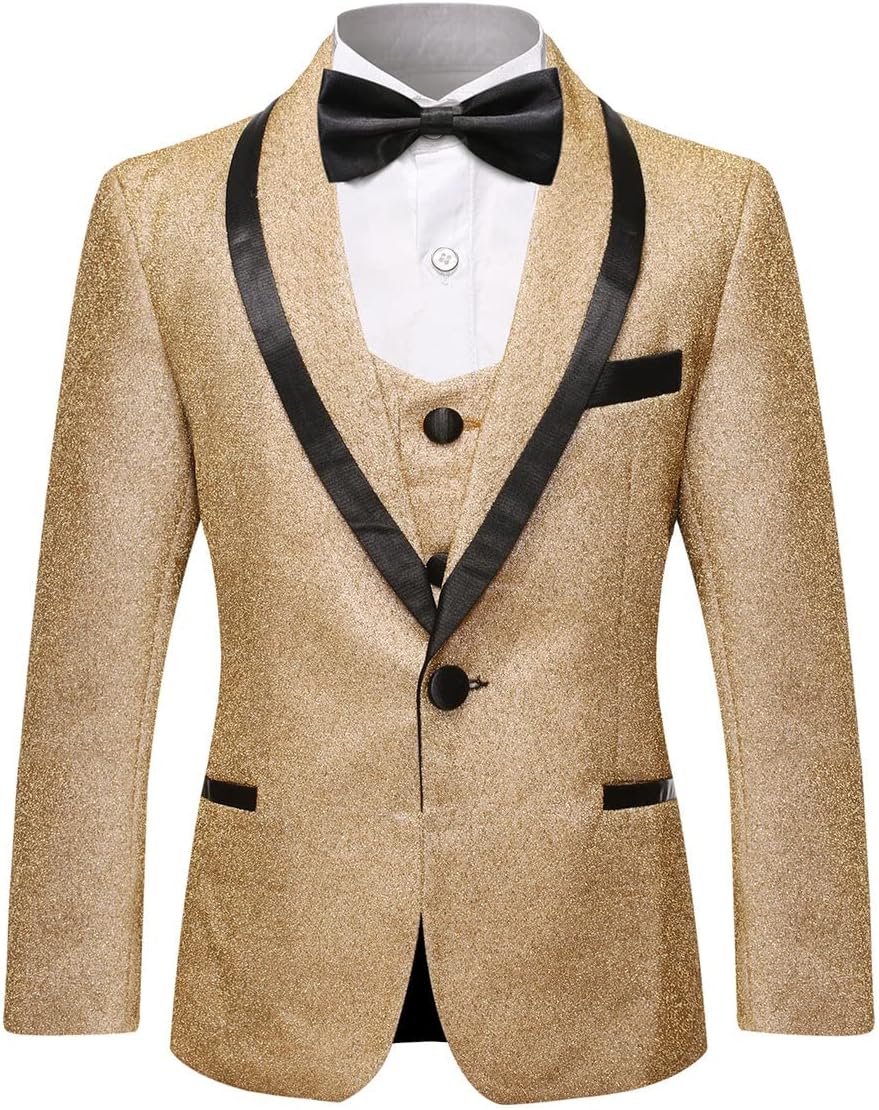 SWOTGdoby Boys Gold Tuxedo Suit Shiny Festive Dress 3 Pieces Blazer Pants Vest for Wedding - Image 2