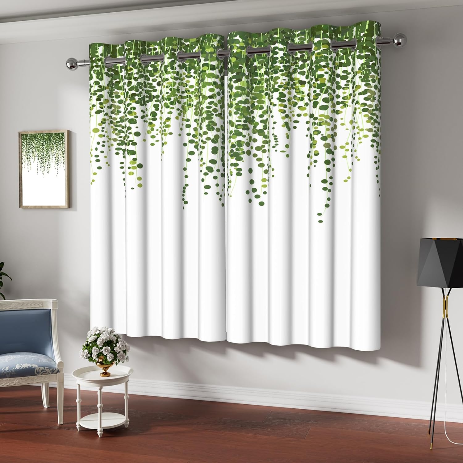 Green Leaves Blackout Curtains Spring Eucalyptus Watercolor Botanical Curtains for Living Room Bedroom Decor Printed Plant Darkening Thermal Insulated Window Drapes 2 Panels 52x63 inch