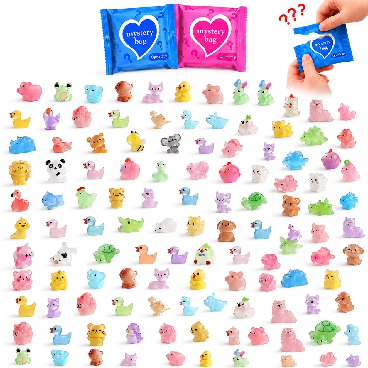 50 PCS Mystery Bag Mini Resin Animals, Glow in The Dark Tiny Animal Figurines Bulk Blind Bags, Cute Mini Resin Surprise Figures for Collection, Miniature Landscape Decor, DIY Ornament Supplies