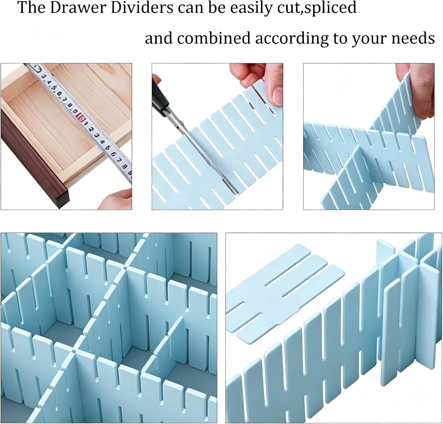 8PCS Adjustable Drawer Dividers Plastic Organizer Separator for Socks Underwear Lingerie Clothes Kitchen Bedroom Bathroom Office (Blue)