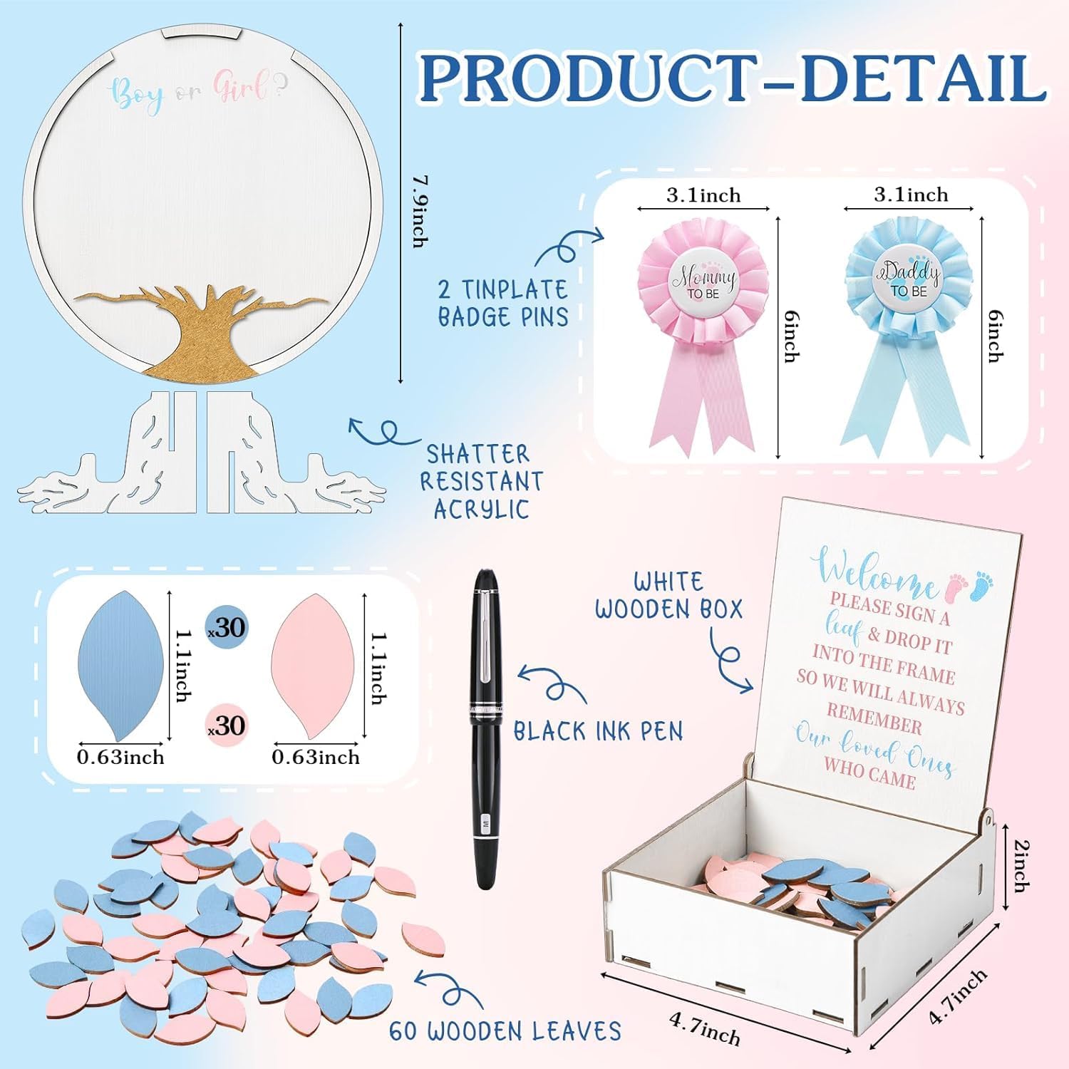 60 Pcs Gender Reveal Baby Shower Guest Book Alternatives， He or She Gender Reveal Decorations with 60 Wood Slices for Baby Shower He or She Party Keepsake