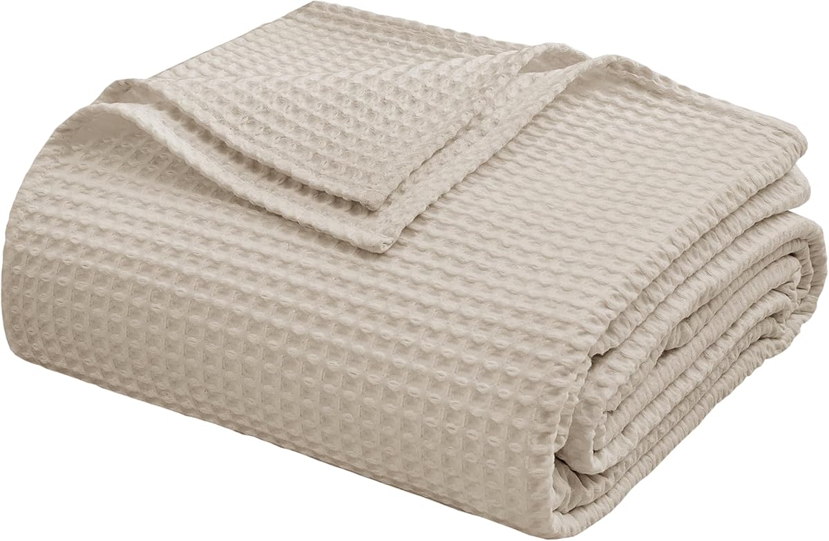 100% Egyptian Cotton Waffle Weave Throw Blanket for Bed Couch Sofa Home Decor, Soft Lightweight Bed & Couch Blanket for All Seasons (Light Khaki - Twin Size - 66 * 90")