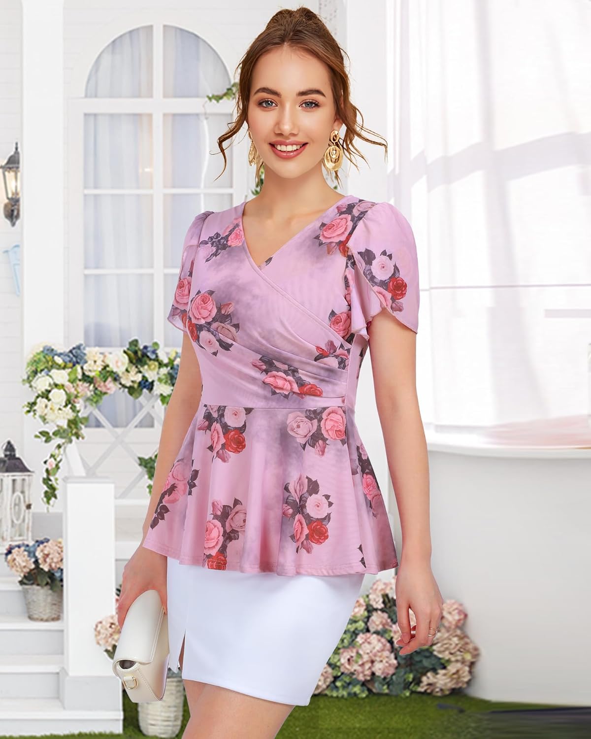 Lotusmile Womens Peplum Tops Dressy Casual Petal Sleeve Mesh Elegant Wrap Blouses for Women Work Night Out Party - Image 3