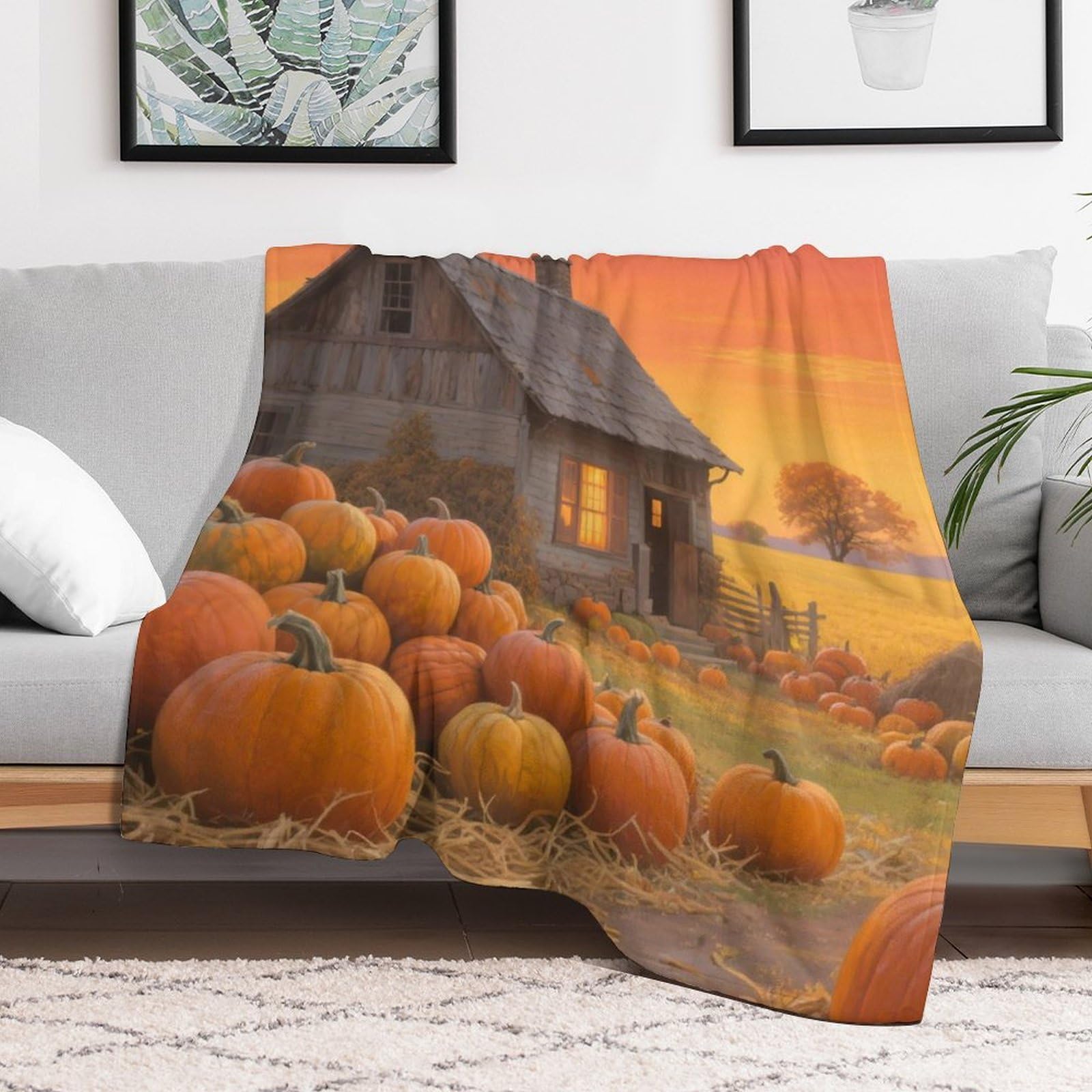 Custom Farmhouse Pumpkin Blanket Lightweight Flannel Fleece Throw for Couch Sofa Bed Luxury Soft Cozy Plush Lap Bedtime Blanket for All Seasons Bedroom Home Decor Gifts 30x40
