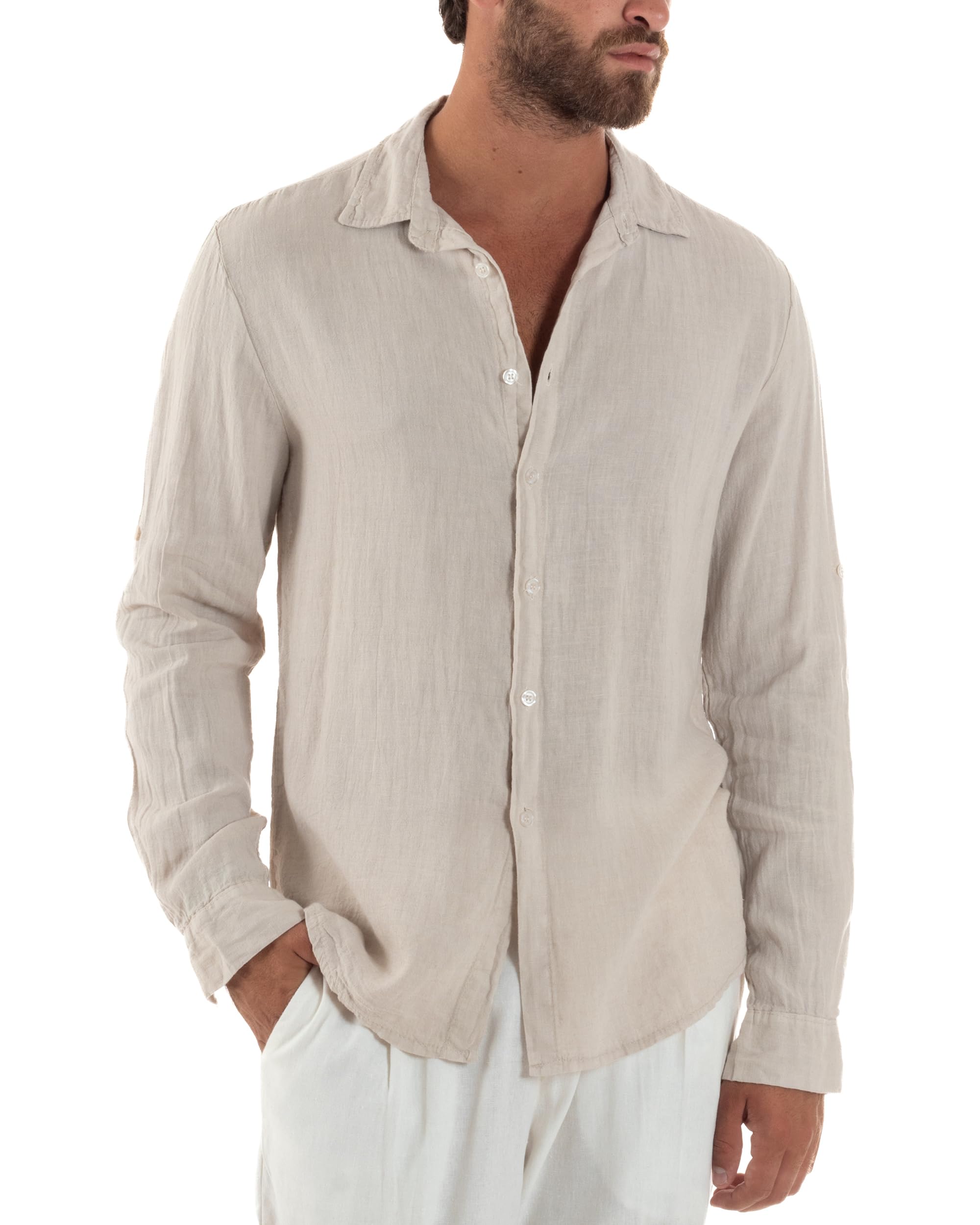 Camicia Uomo Lino Colletto Maniche Lunghe Casual Regular Fit Basic Tinta Unita Vari Colori