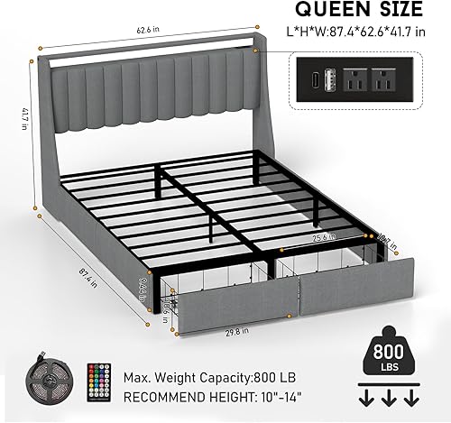 Miniatura 2 de Base de cama Queen con cabecera y 2 cajones de almacenamiento, base de cama de plataforma tamaño Queen tapizada con luces LED y estación de carga,