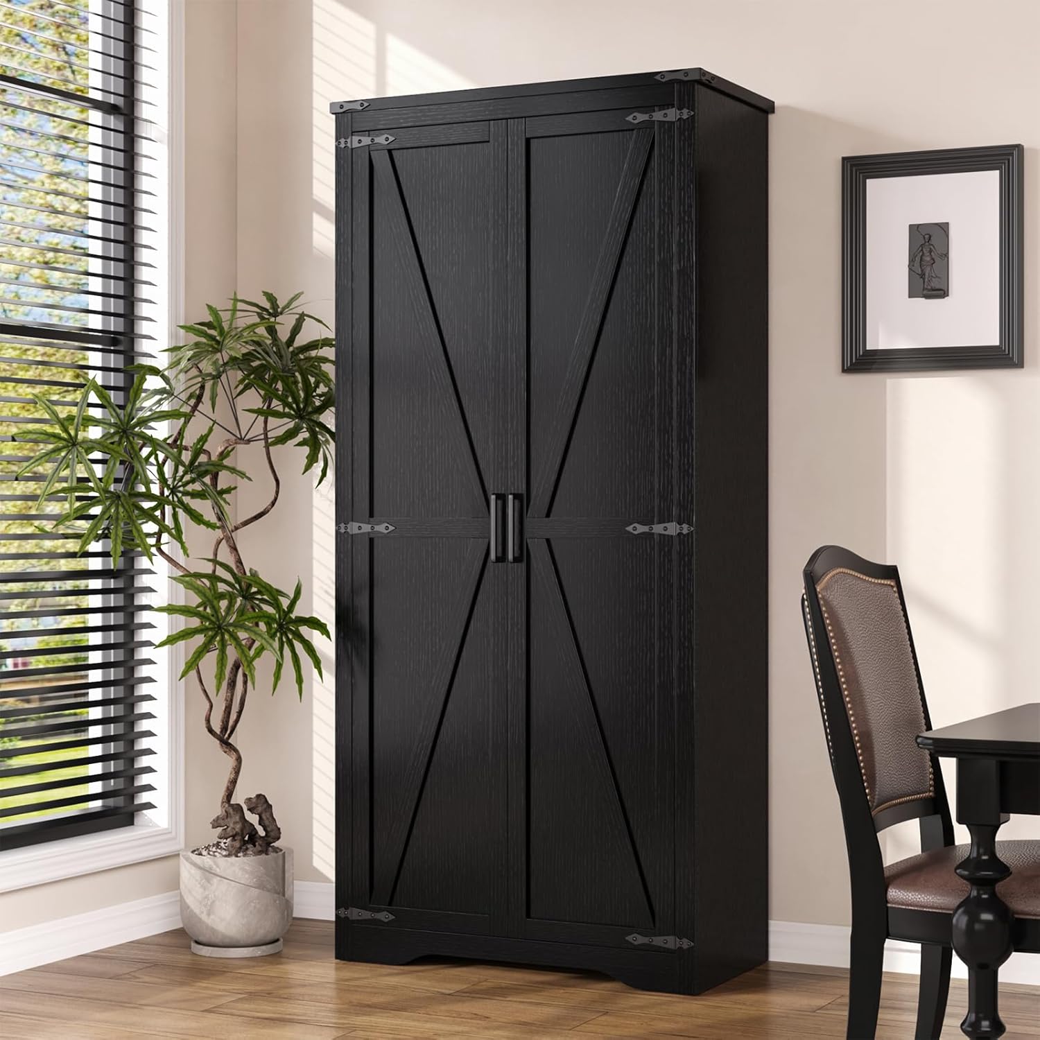 Tall Storage Cabinet with Adjustable Shelves, Farmhouse Pantry Organize with 2 Barn Doors, Large Freestanding Cabinet for Kitchen, Garage, Basement, Living, Utility Room, Black