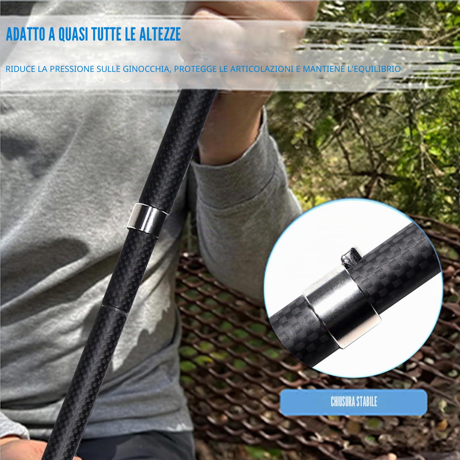 OKHEALING - Bastoncini da trekking ultraleggeri in fibra di carbonio, set da 2 pezzi, bastoncini da trekking pieghevoli con manico per trasferimento dell'umidità, borsa portaoggetti e 2 tappi per