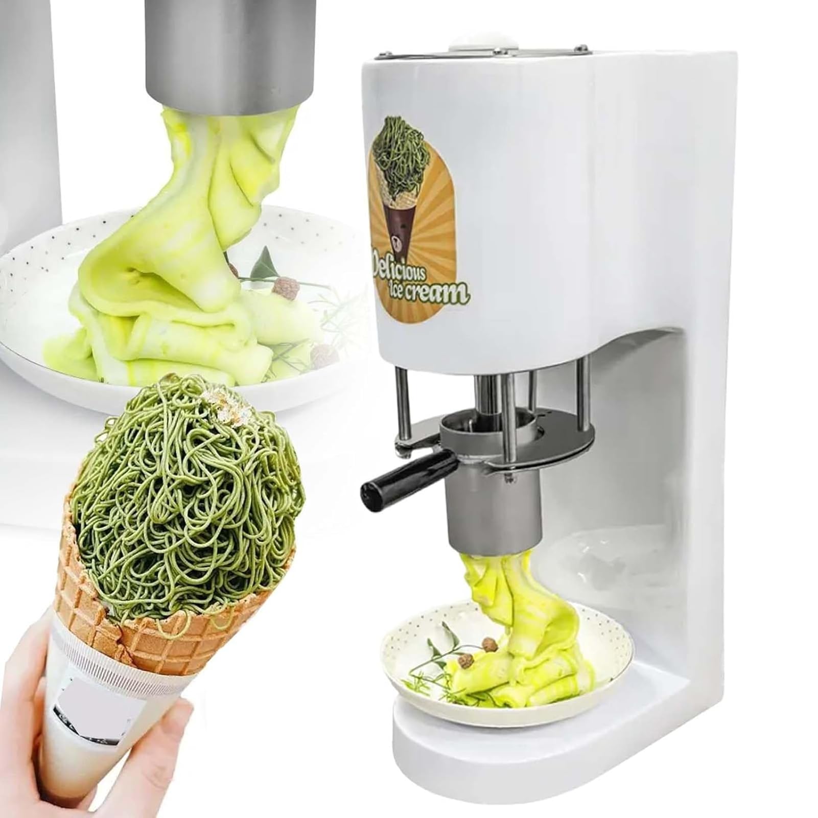 LYJIANGXIN Electric Spaghetti Ice Cream Maker Machine Commercial, 80W Ice Cream Noodle Extruder with 4 Stainless Steel Shapes, High Capacity Soft Serve Dessert Machine for Cafés & Restaurants