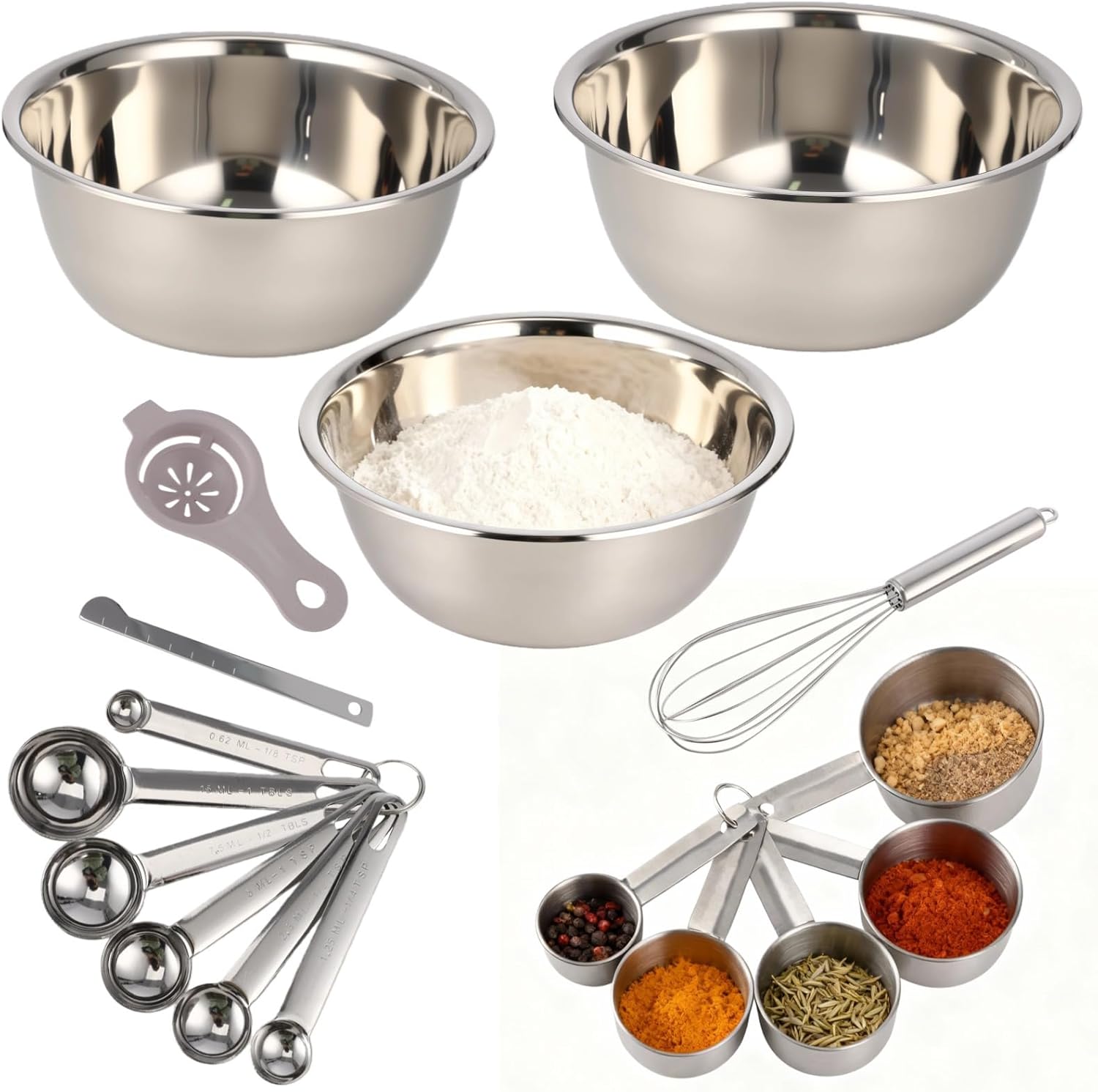 Stainless Steel Mixing Bowls Set, 17 Pcs, Includes 3 Containers, Measuring Tools, Whisk, Egg Separator, Essential Kitchen Utensils For Cooking, Baking, Meal Prep