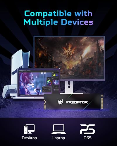 Acer Predator GM7000 Gaming SSD 2 to - Jusqu’à 7400 Mo/s en Lecture - M.2 2280 NVMe PCIe Gen4 avec Cache DRAM, SSD Interne pour Ordinateur Portable et de Bureau - Compatible PS5 - 6