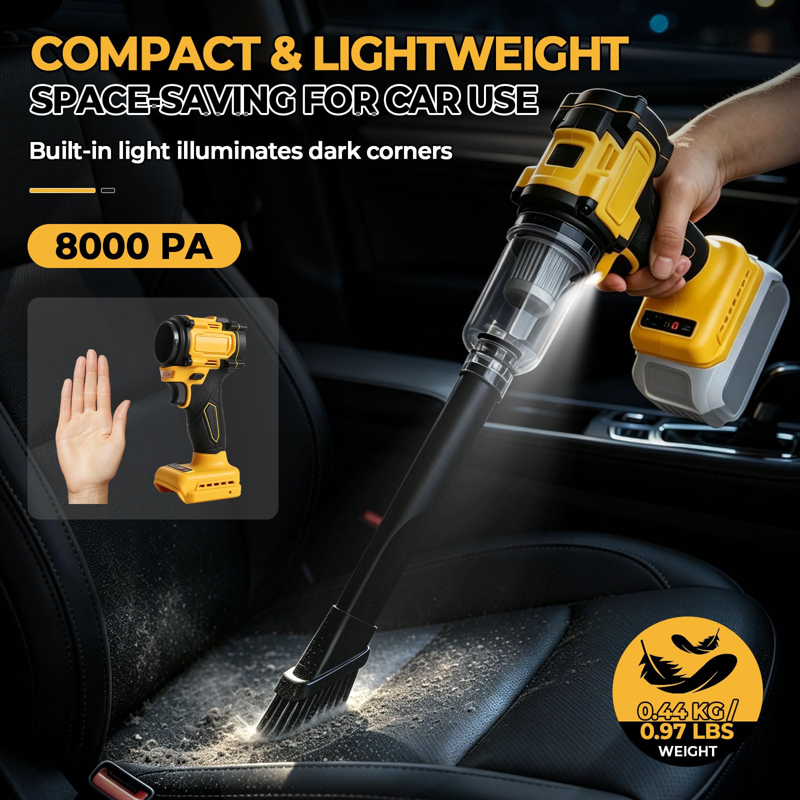 Soffiatore e aspiratore per foglie senza fili compatibile con batterie DEWALT da 18V e 20V, soffiatore d'aria 2 in 1 da 20 kPa e aspiratore da 8 kPa, 20000 giri/min con 3 ugelli e luce LED