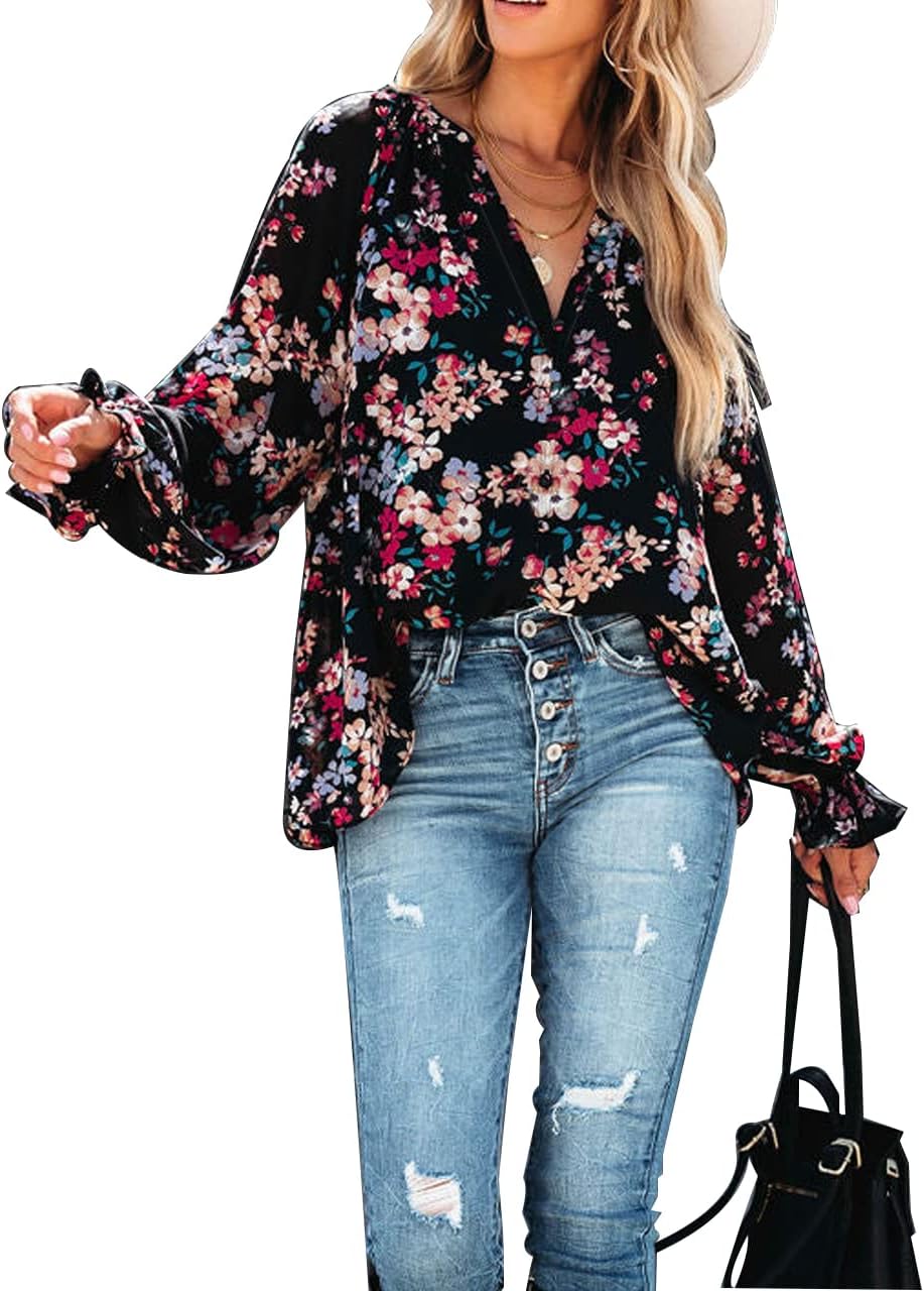 MLEBR Womens Tops Winter Loose V Neck Long Sleeve Blouses Tops Blooming Floral Printed Flowy Tunics Shirts for Women Black S - Image 4