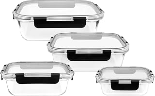 KUUKA Glass Container with Lid - 370ml + 650ml + 100ml + 1500ml Airtight Borosilicate Glass Food Containers, Microwave & Freezer Safe, Ideal for Food Storage and Organized Kitchen
