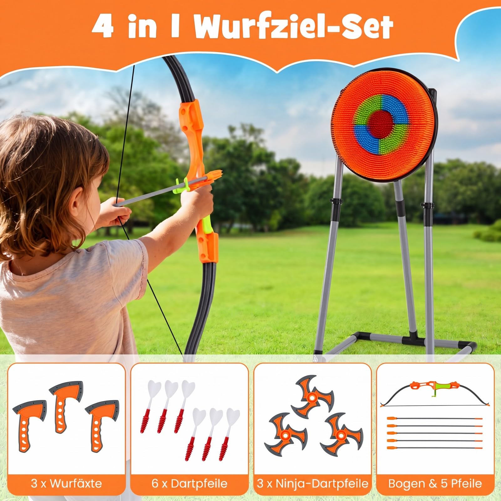 COSTWAY Axt Wurfspiel Set, 4 in 1 Wurfäxte Spiel | Mit Bogen, Zielscheibe, 6 Pfeilen, 4 Äxten, 4 sternförmigen Dartpfeilen, 4 Dartpfeilen, für Kinder & Erwachsene