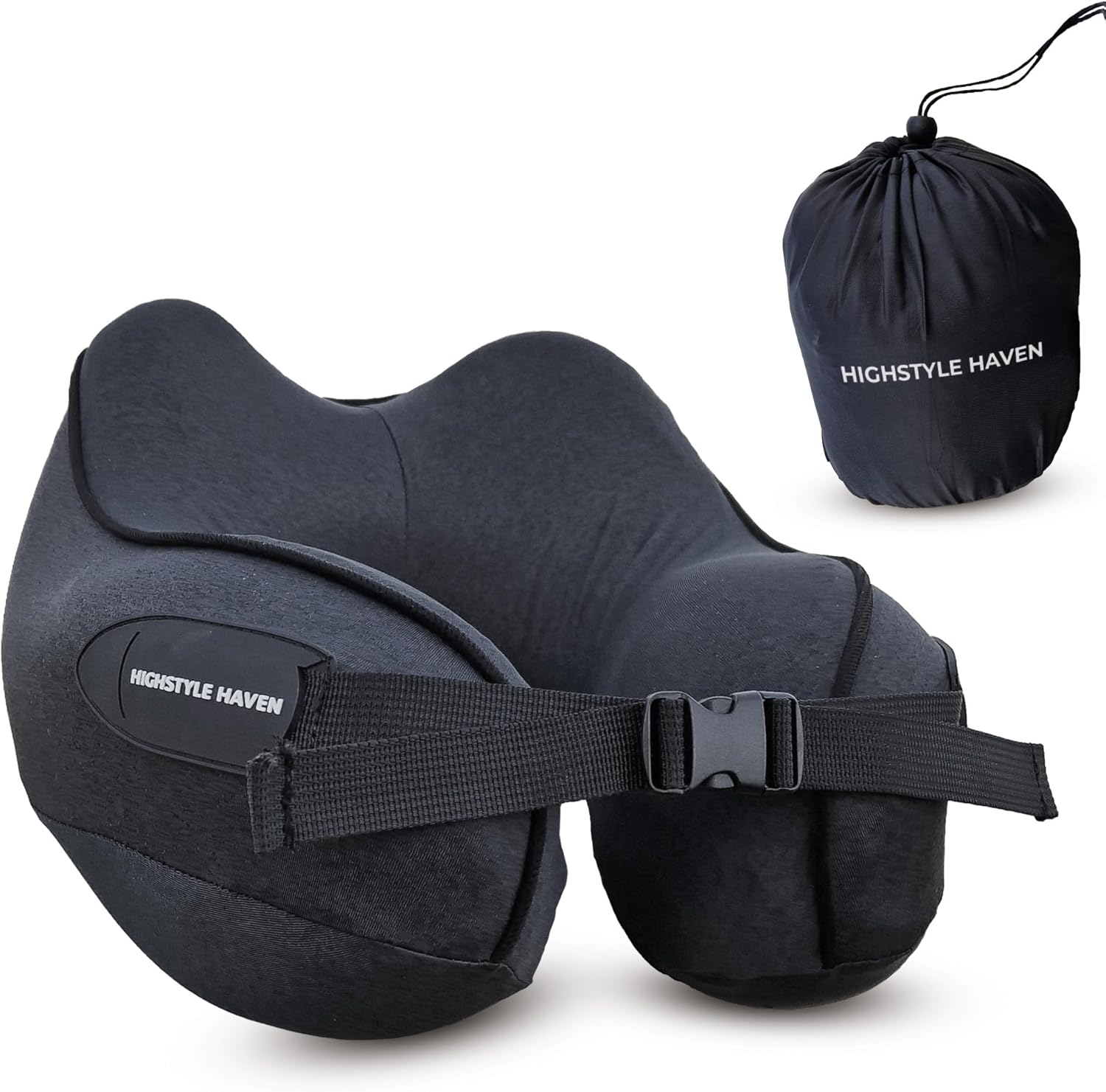 HIGHSTYLE HAVEN Travel Neck Pillow Memory Foam Neck Support Cushion Support Travel Neck Pillow for Airplane, Train, Car and Bus with Carry Bag Black Regular Traveling size