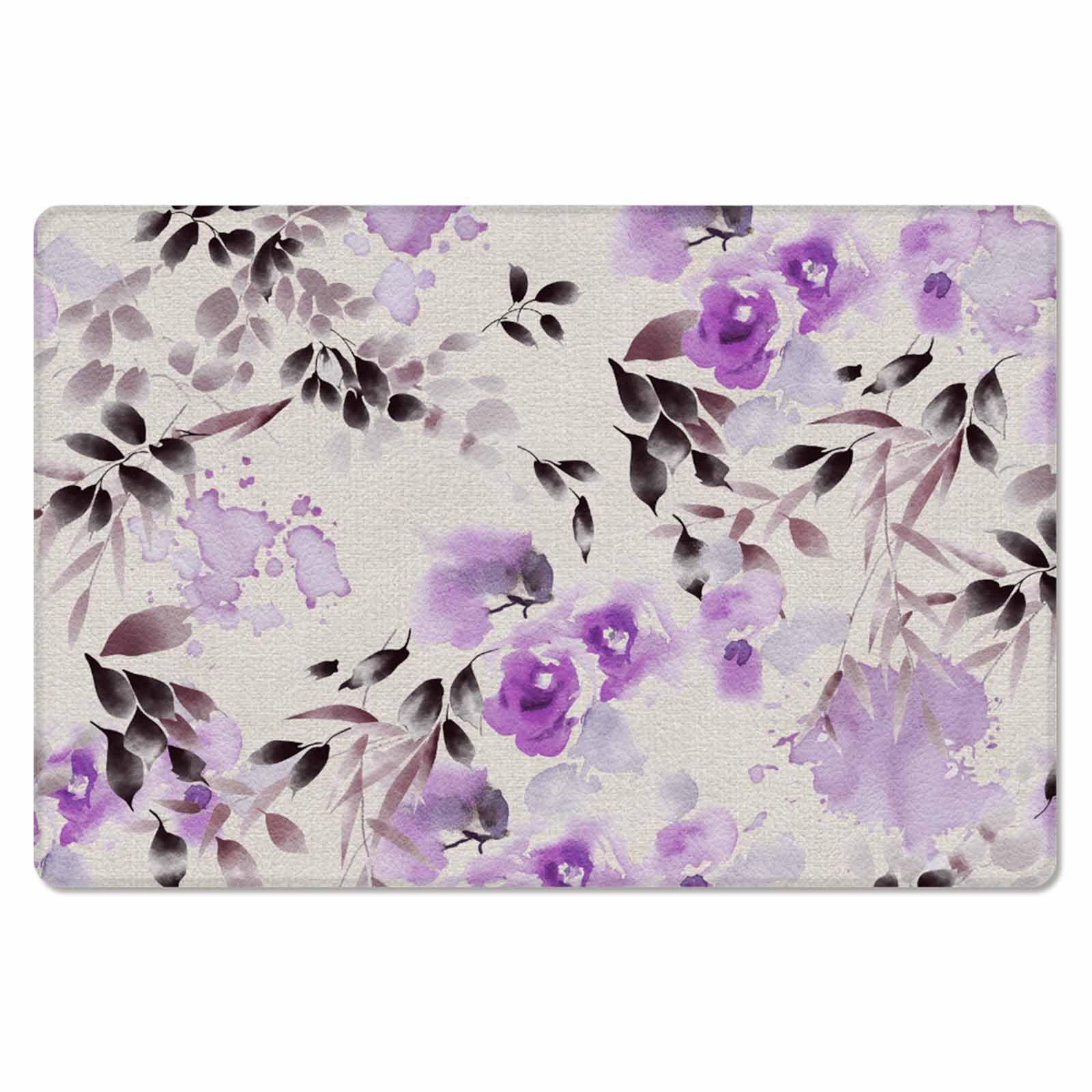 Country Floral Kitchen Bath Door Mat Cushioned Runner Rug,Washable Welcome Floor Sink Antifatigue Mat,Waterproof & Non-Slip Comfort Standing Doormat,Shabby Chic Purple Flower Ink Leaves 18