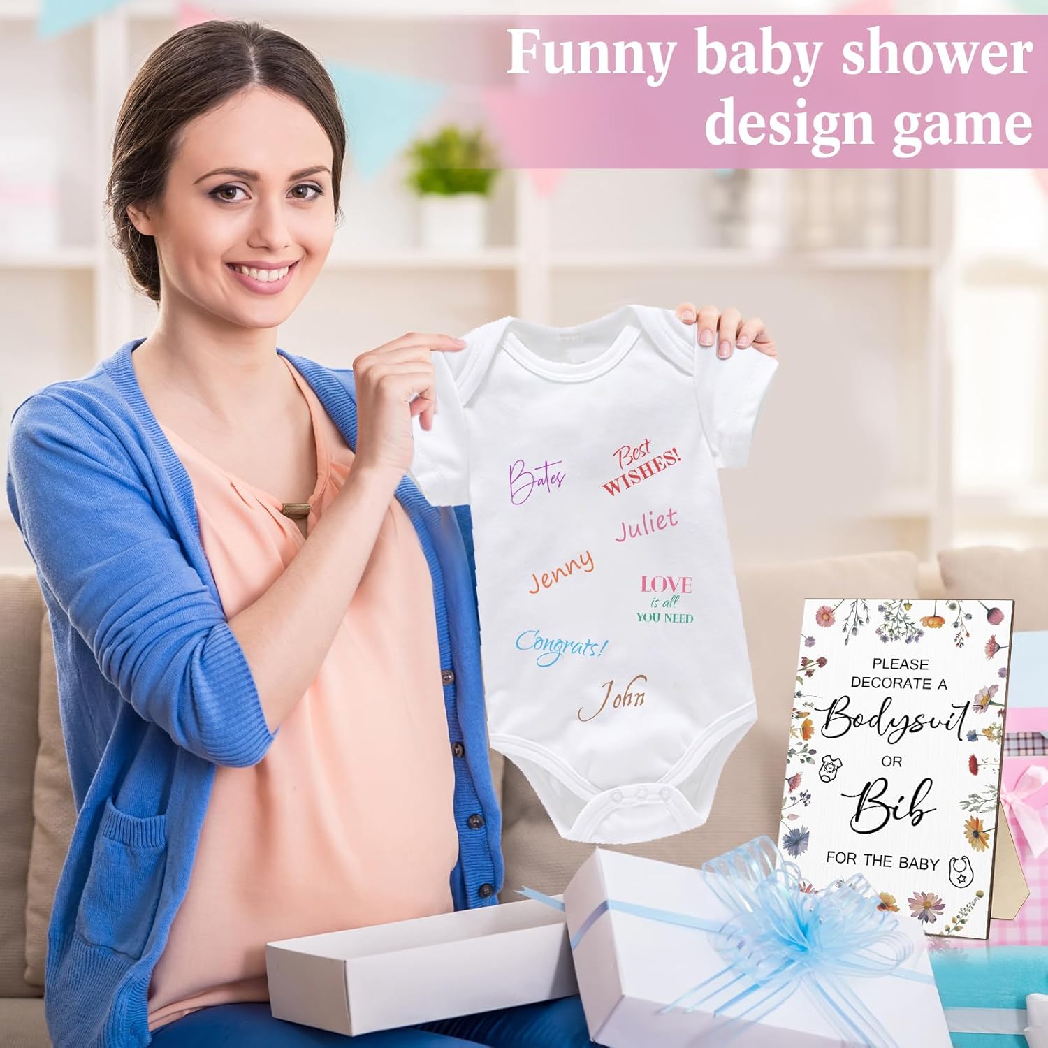 Roowest 35 Pcs Baby Shower Bibs Games Design Wooden Baby Shower Party Game Sign DIY Bodysuit Sign 15 White Blank Bibs 9 Bodysuit 10 Markers for Party Supplies(Wildflowers)