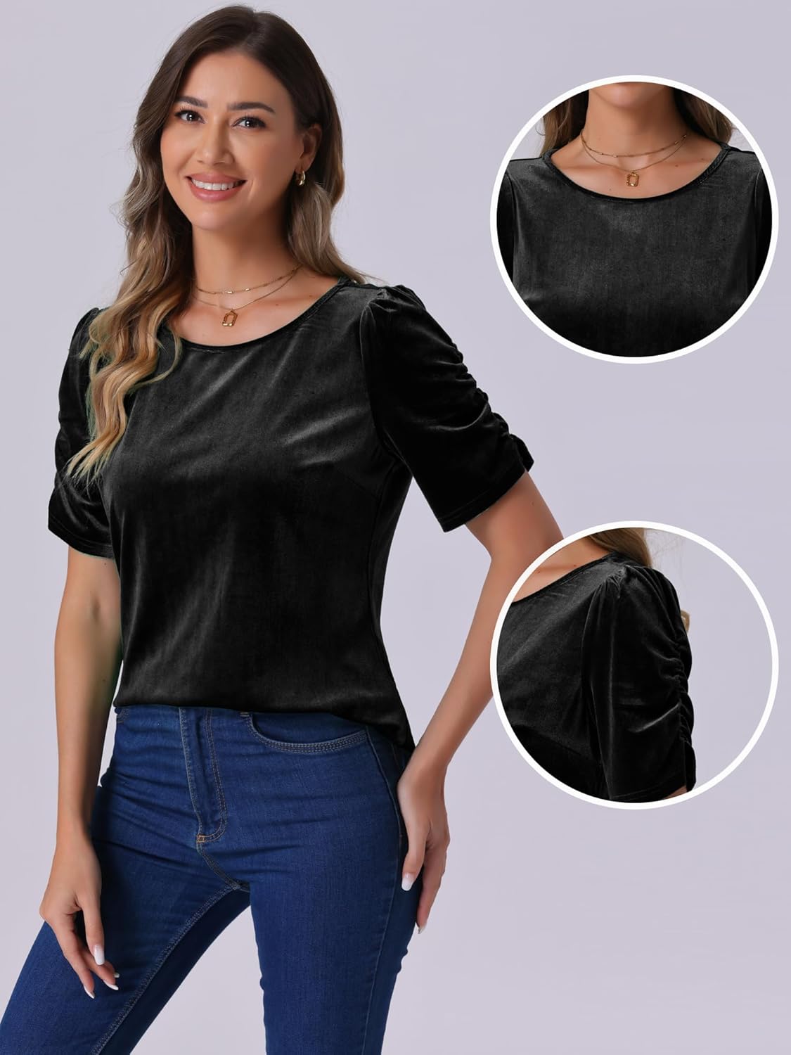 Allegra K Velvet Top for Women's Round Neck Puff Short Sleeve Party Clubwear Blouse - Image 2