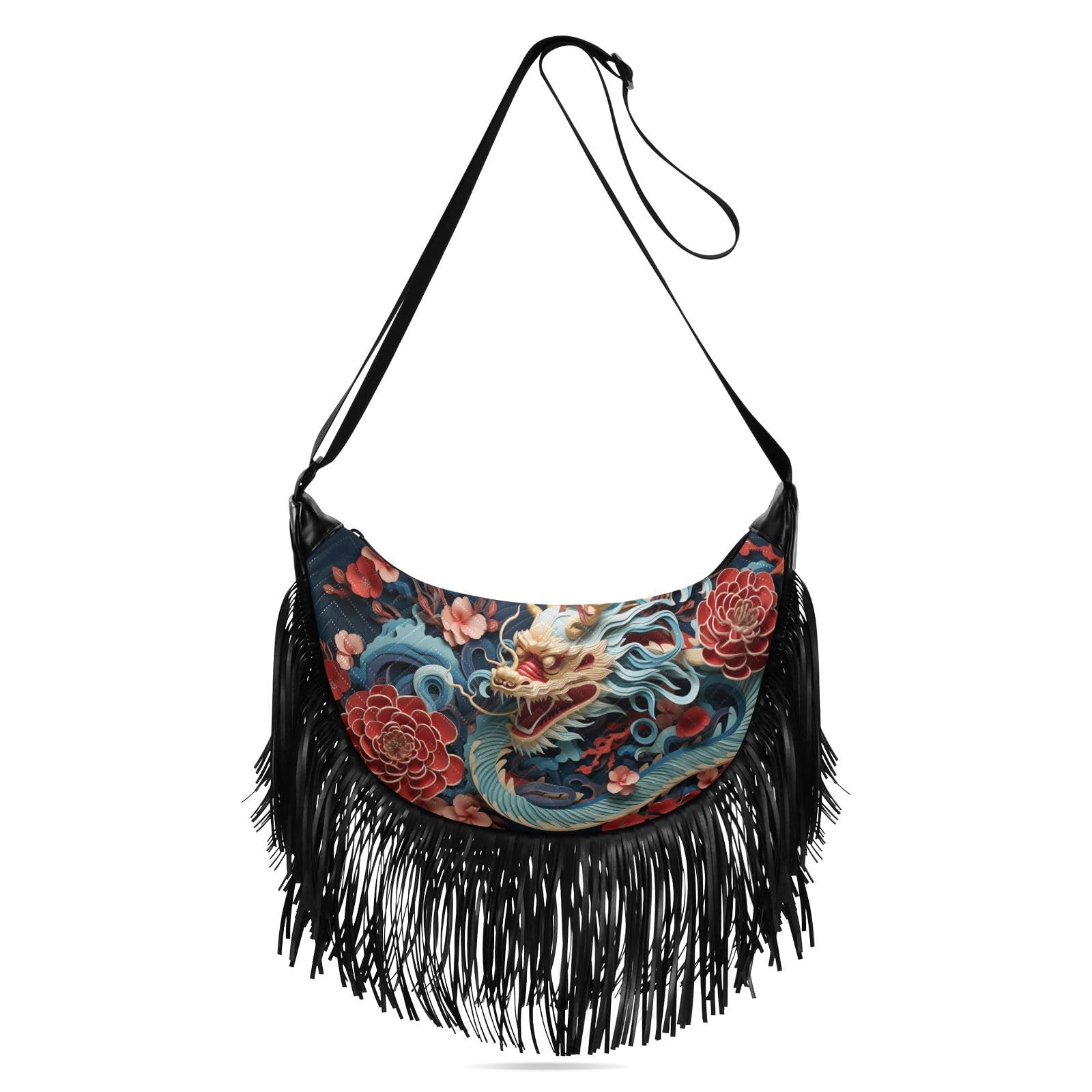 CEBUGI Women's Fringe Crossbody Tassel Purse Celebration Chinese Dragon Hobo Shoulder Bags Crossbody Handbag with Adjustable Shoulder Straps