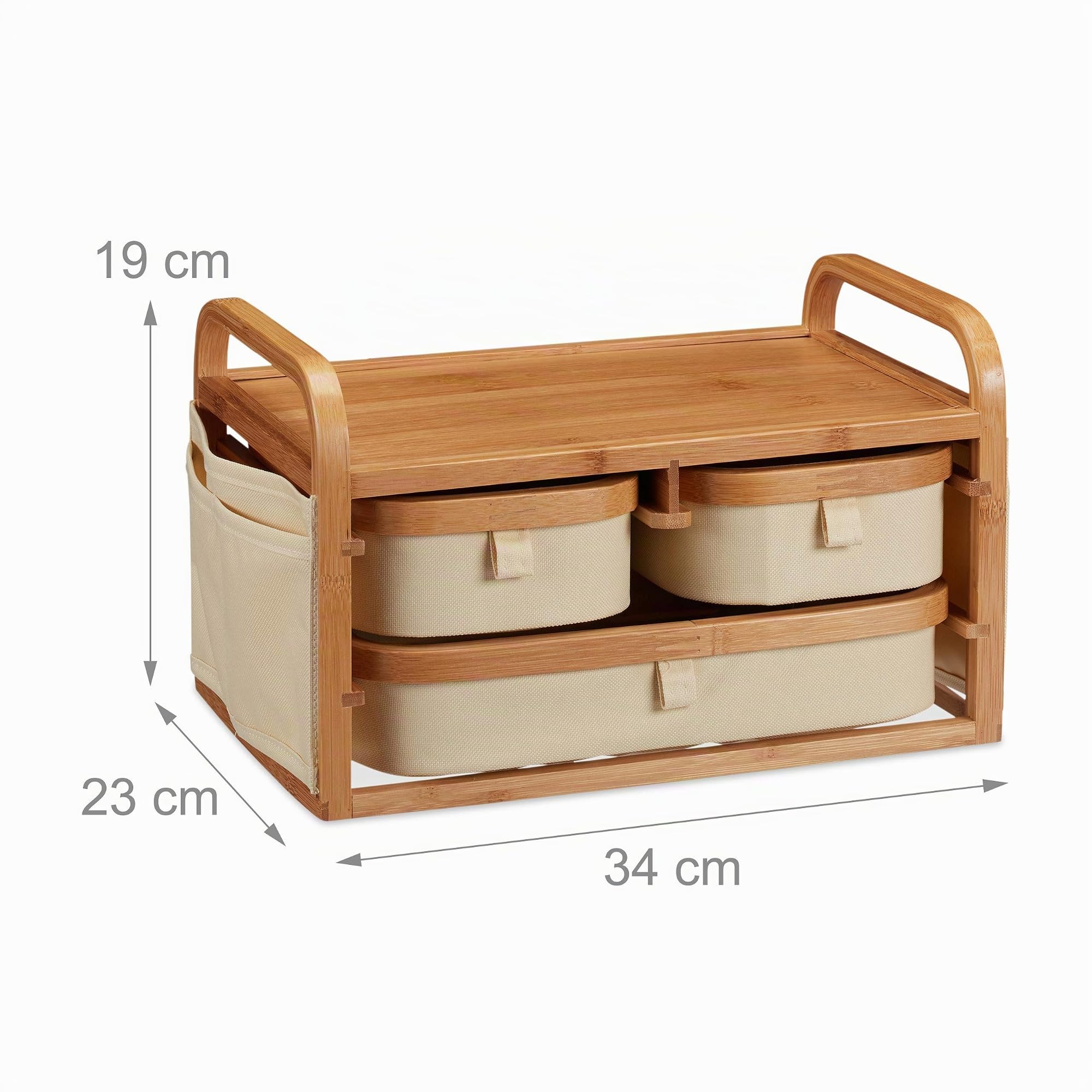 Relaxdays Mobiletto bambù, 3 Scomparti, mobiletto WC, Tessuto, Porta Trucchi, Rustico, HLP 19 x 34 x 23 cm, Marrone