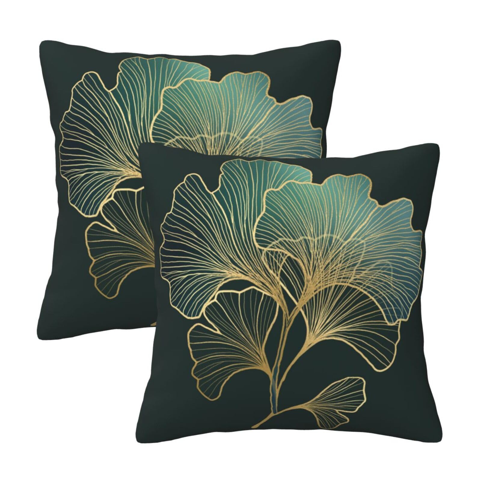 HOSTECCO Turquoise Leaves Cushion Covers 45x45 cm Set of 2 Teal Ginkgo Cushion Cases Emerald Green Gold Decorative Pillow Covers for Couch Bed