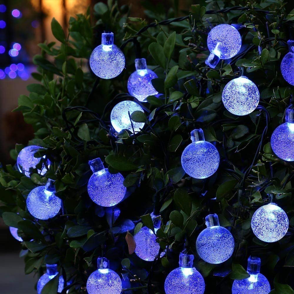 Guirnalda de luces solares de bolas gruesas para exteriores, 22 m, 200 LED, impermeable, con 8 modos, para jardín y patio (azul)
