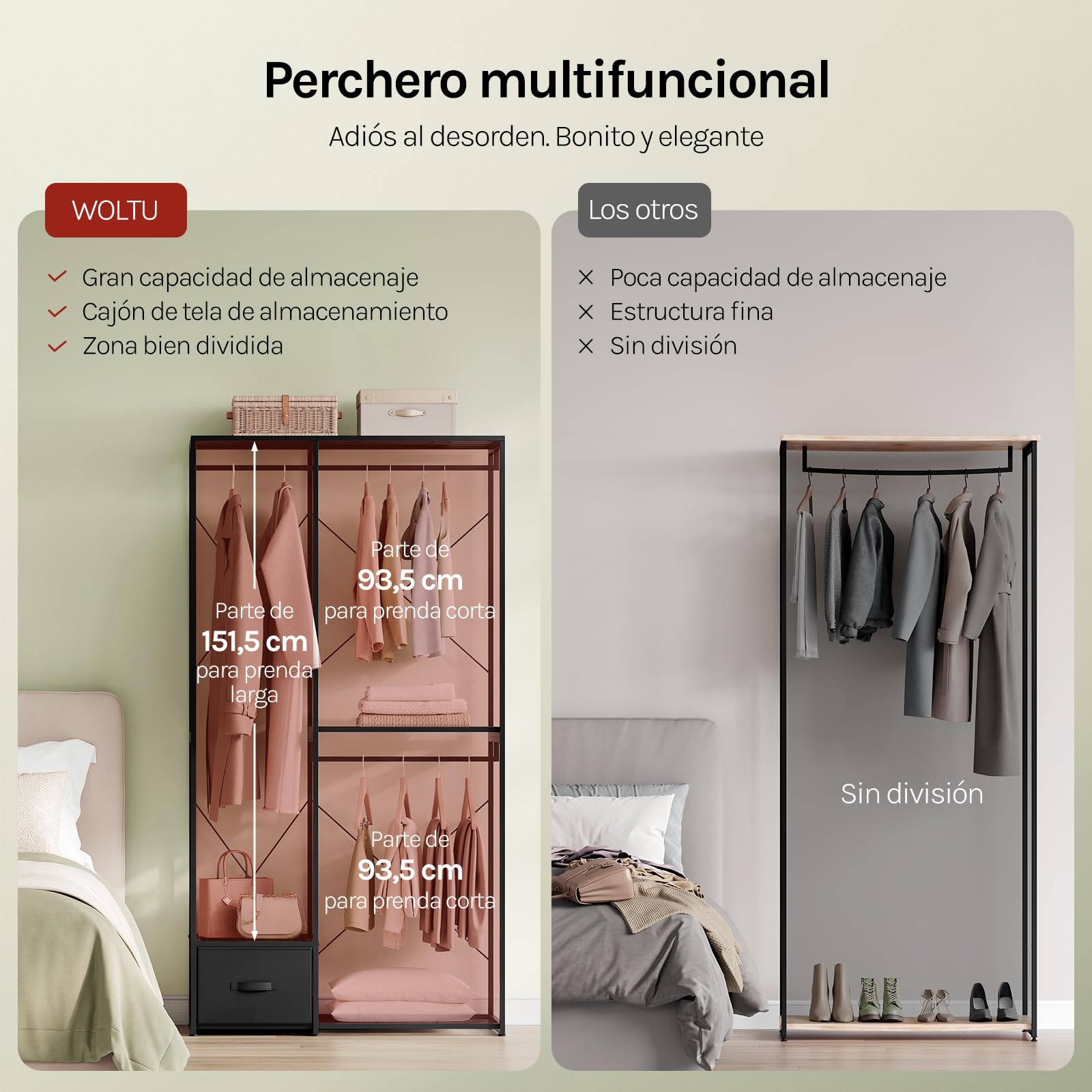 WOLTU Burro Ropa con Estructura de Metal, Armario Abierto con 2 Barras, 3 Estantes y 1 Cajón de Tela, Resistente, Carga de 150 kg, 100x40x192 cm, para Dormitorio y Vestidor, Negro
