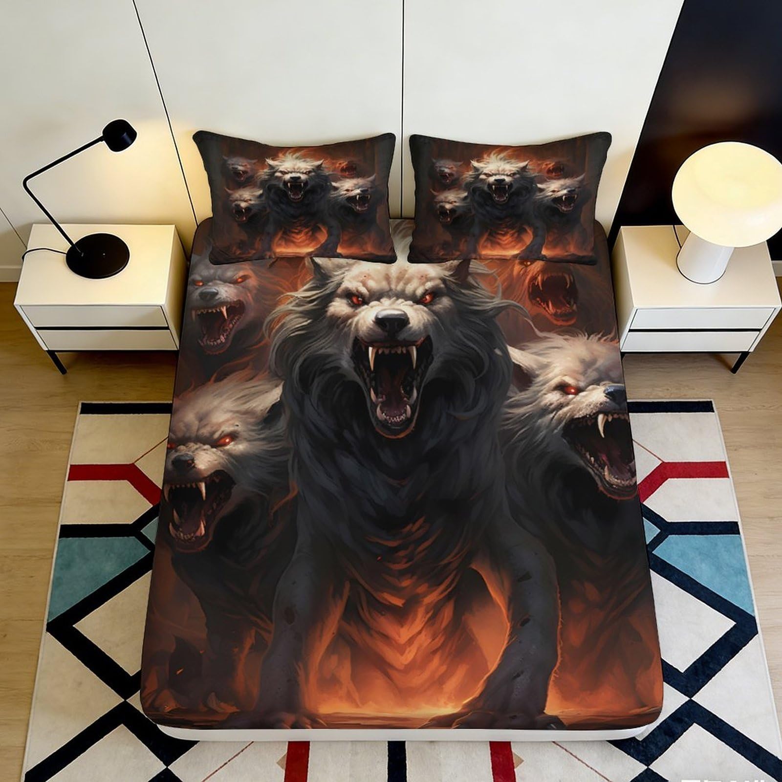 Pnayamiorkfel Style-5 3D Printed Fierce Wolf Fitted Sheet Microfiber Soft Bed Cover Fire Howling Mattress Cover For Bedroom Decor 90X200x25cm