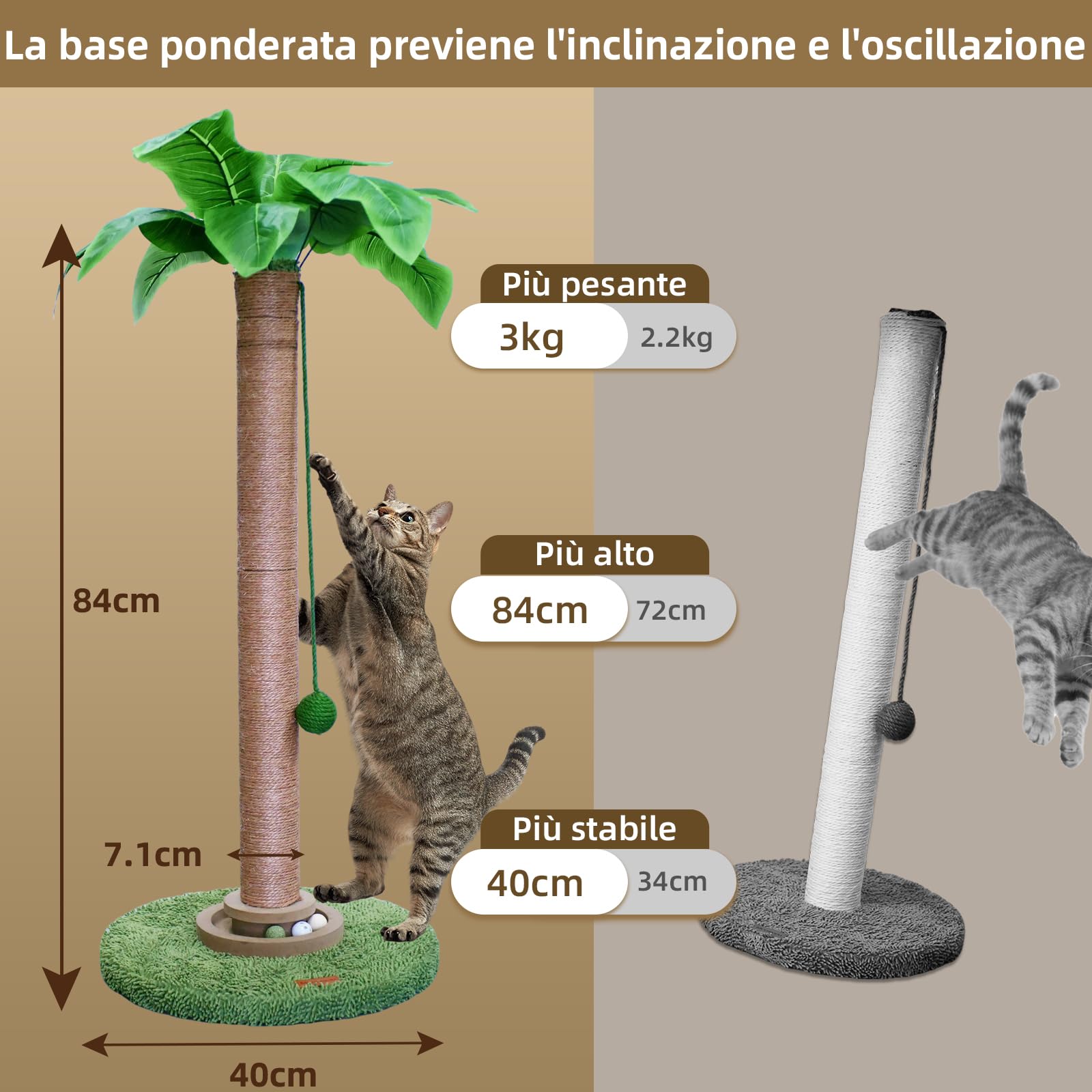 Meowoou Tiragraffi per Gatti, Alto 84 cm con Corda in Sisal per Gatti Da Interno Adulti Graffiatoio in Carino per Gattini Verde Palo, Dotato di Pista con Palline