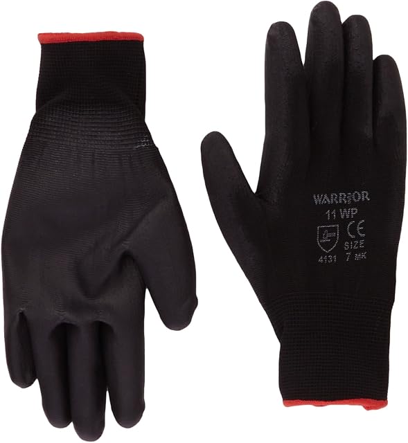 Warrior PU Coated Nylon Work Gloves,NB7/S (Size 7/Small) Black, Set of 12