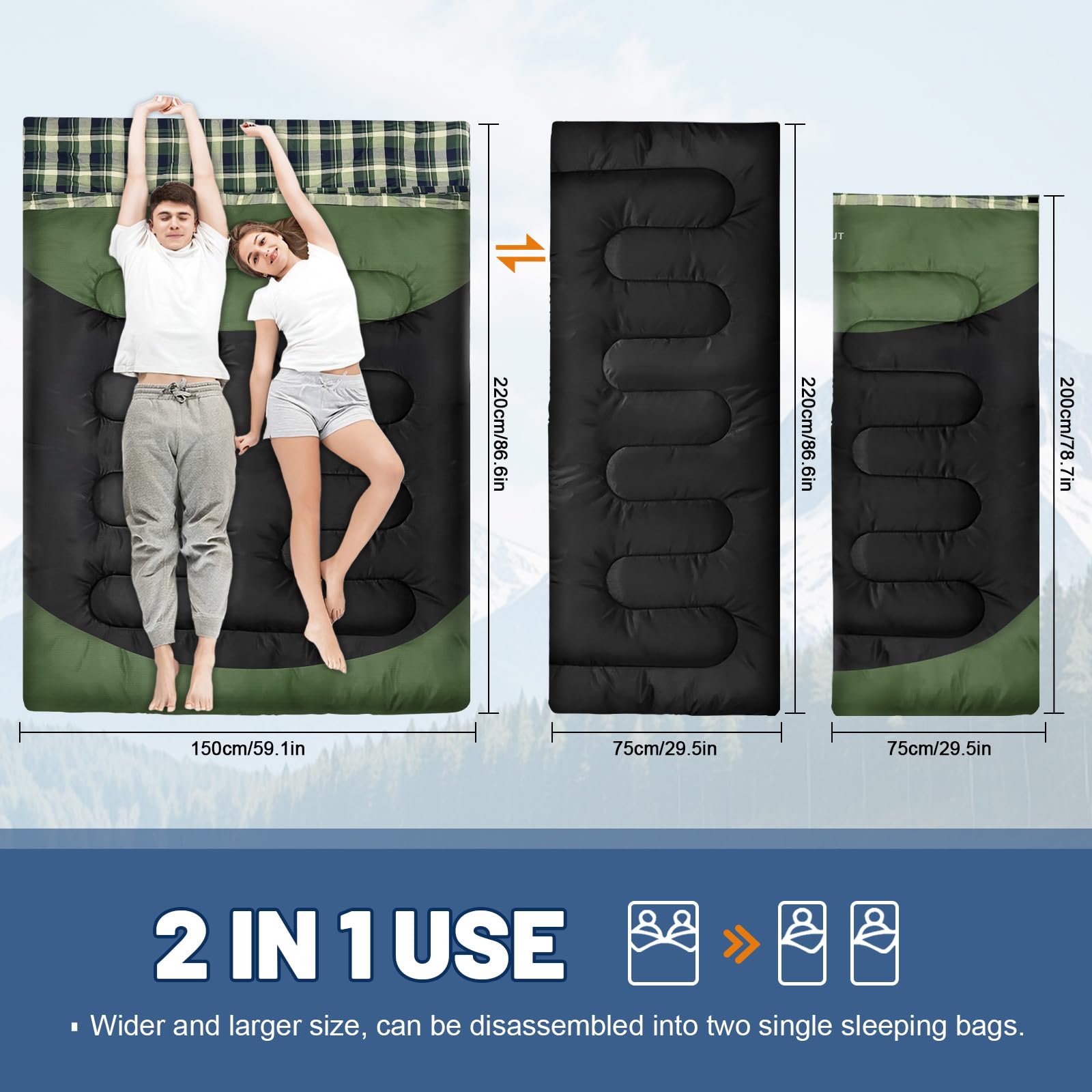 Saco de Dormir Doble de Franela de algodón 220 x 150 cm para Adultos 3-4 Estaciones Saco de Dormir Doble para Exteriores Mantente Caliente Impermeable para Camping Senderismo o Senderismo
