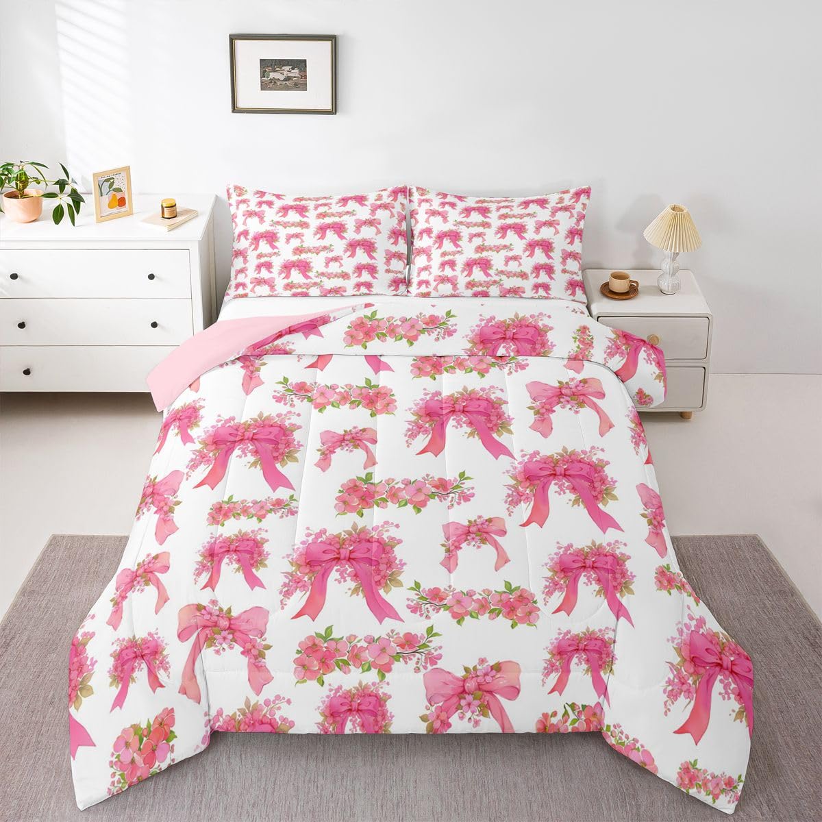 Erosebridal Pink Floral Bowknot Full Bedding Set Girly Bows Ribbons Comforter Set for Kids Girls Valentine Flowers Comforter Bow Tie Princess Quilt