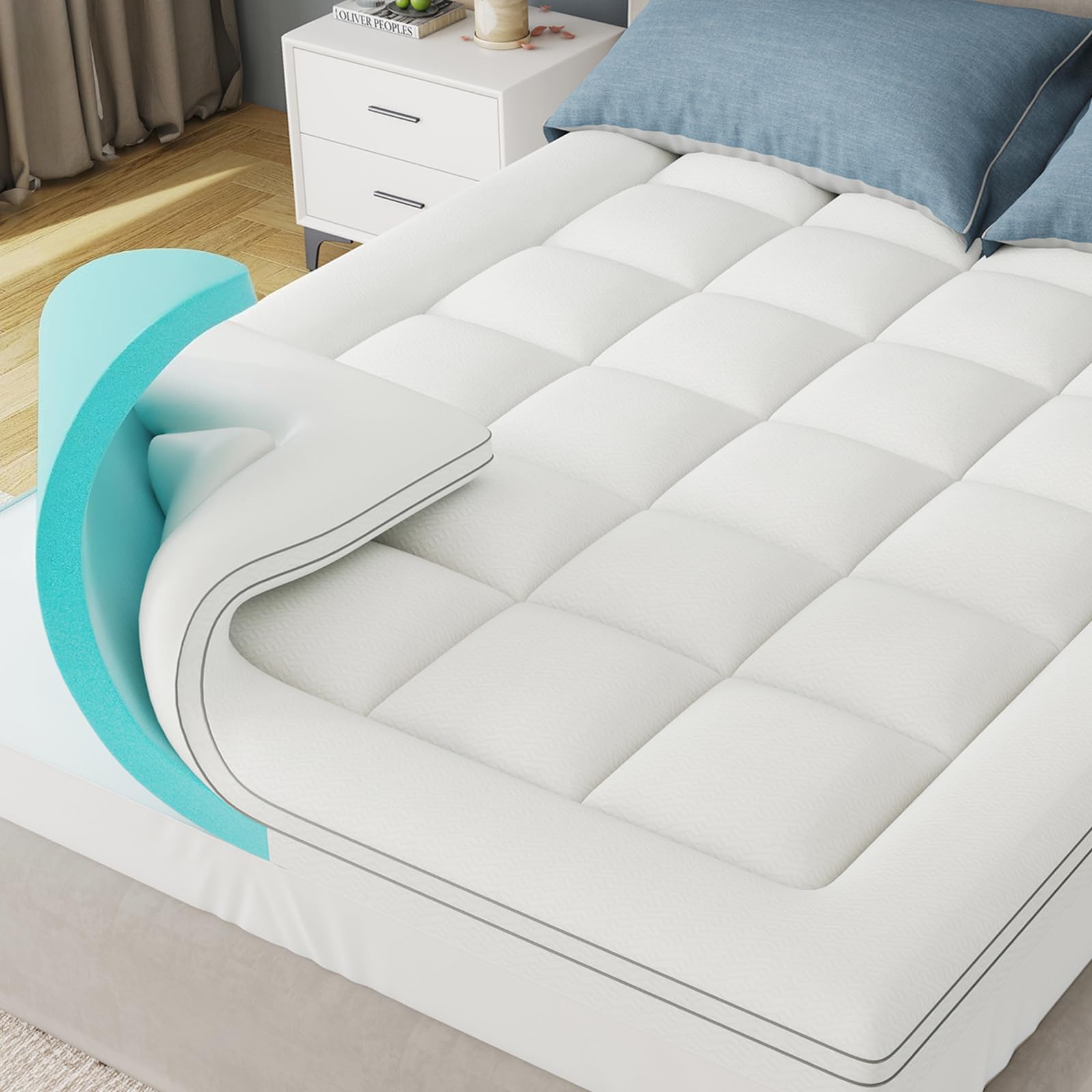 DOPEDIO Dual Layer Memory Foam Mattress Topper Double, 7cm Total Thickness, 5cm Cooling Gel Memory Foam with 2cm Quilted Pillow Top Mattress Pad, Deep Pocket Fits 20–53cm Mattresses(135x190cm)-image-25
