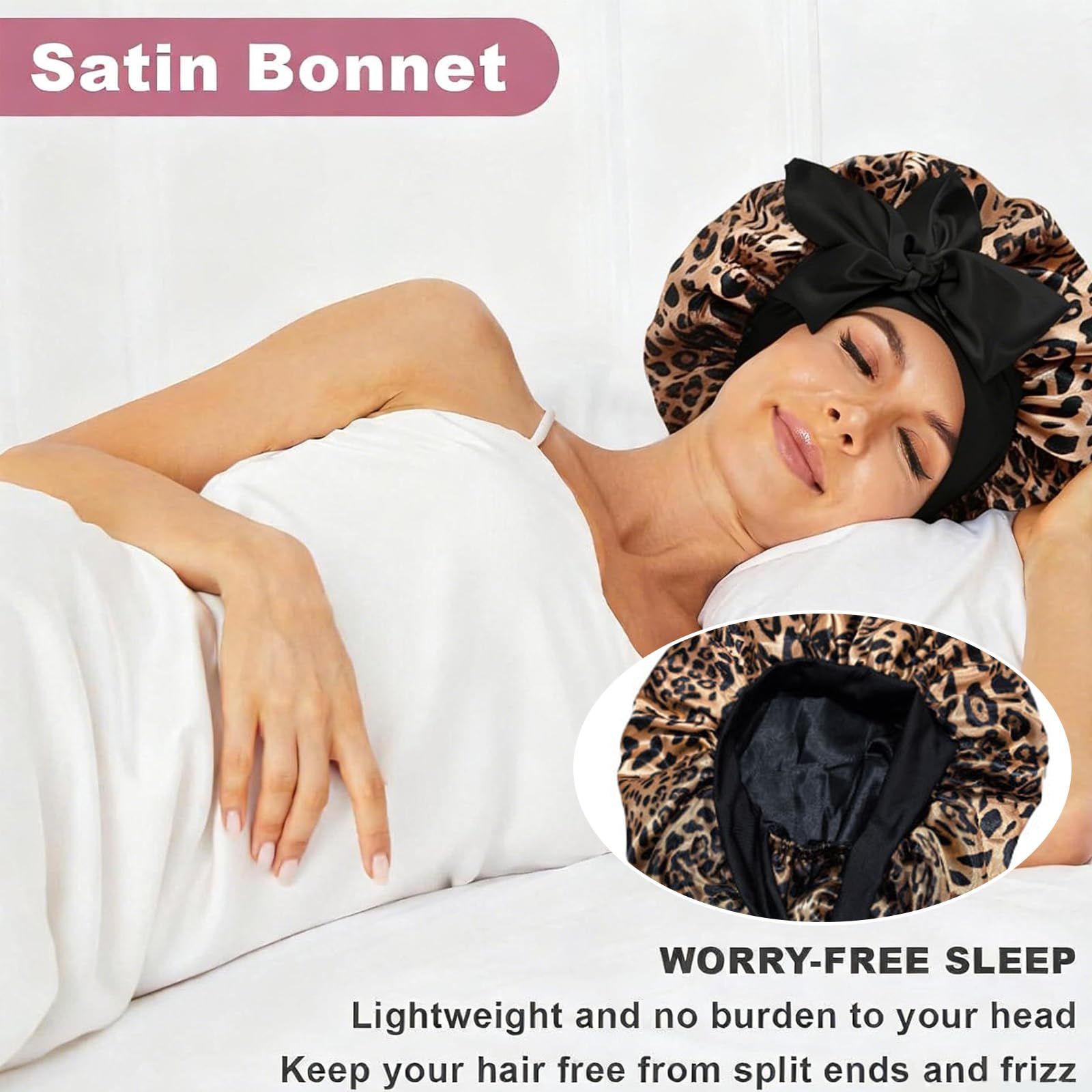 Cuffia Seta Capelli Notte, Leopardata Bonnet Seta per Capelli Ricci Lunghi e Corti, Elastico Cuffia Capelli Ricci Notte, Leopardato Bonnet Satinato con Scrunchies Hair Clip per Donna Ragazza