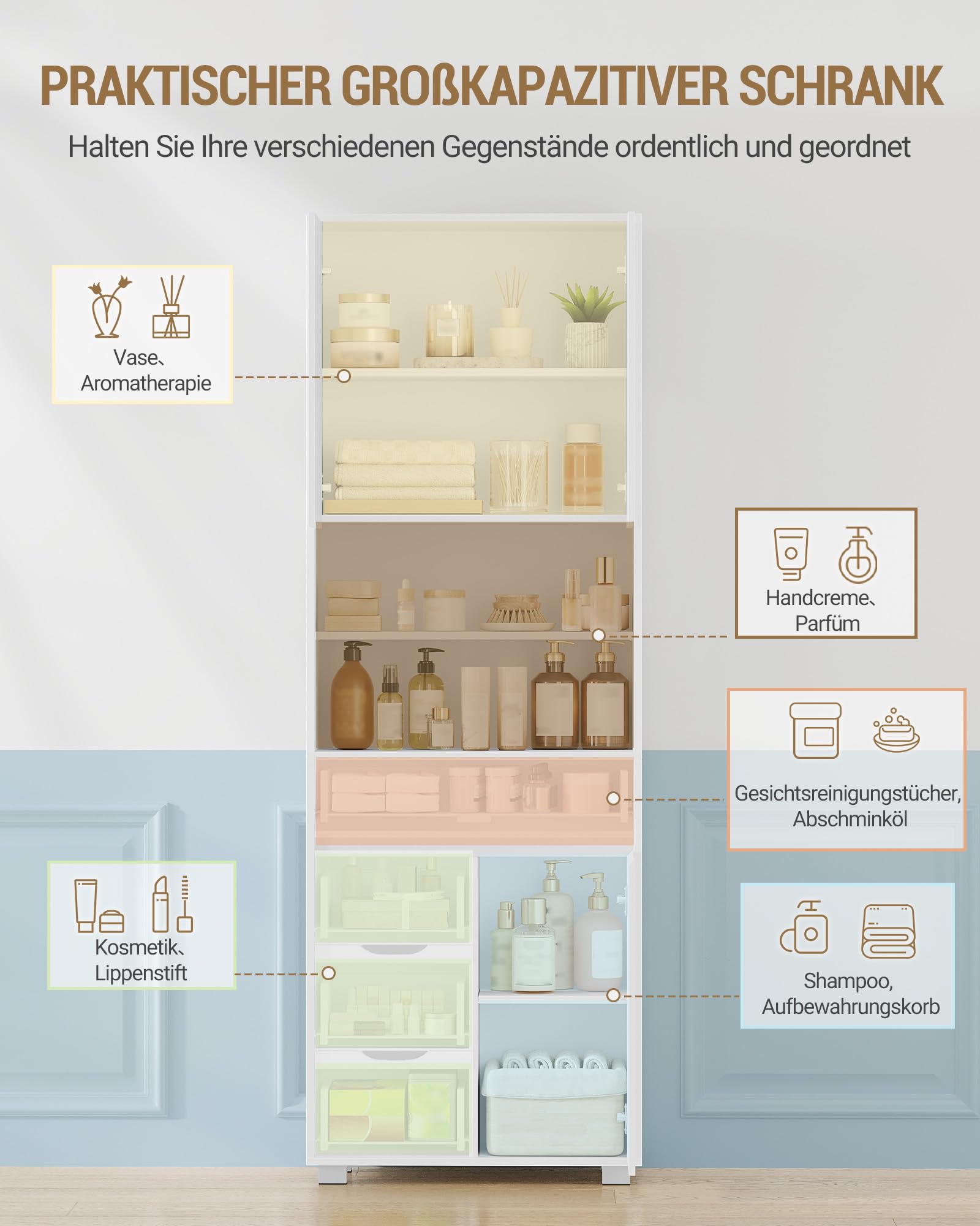 Hzuaneri Badezimmerschrank, Hoher Badschrank mit Verstellbaren Ablage, Kommode mit 4 Schubladen und 3 Schranktüren, Küchenschrank,Modern, für Wohnzimmer, Badezimmer 30 x 60 x 190 cm Weiß SC15503X