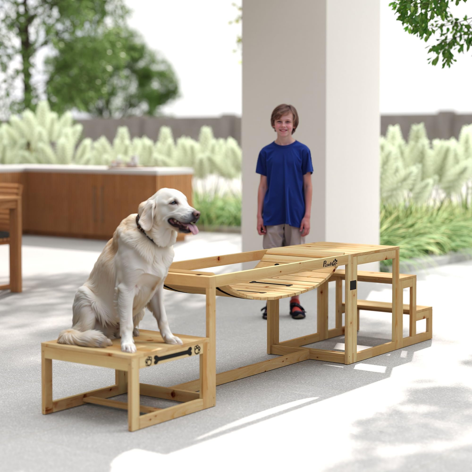 PawHut Attrezzatura Agilità Cani 3 Pezzi Set Legno Naturale | Ponte Morbido, Piattaforma Pausa, Scala per Animali da Esterno