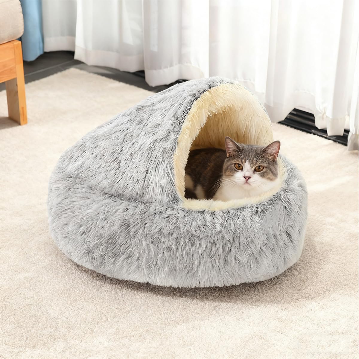 Cat Cave Bed, Calming Dog Bed Fluffy Plush Large Pet House, Warm Medium Kitten Puppy Indoor Tent Igloo, Hooded Semi-closed Washable Small Cats Nest Kennel (Grey,80cm)