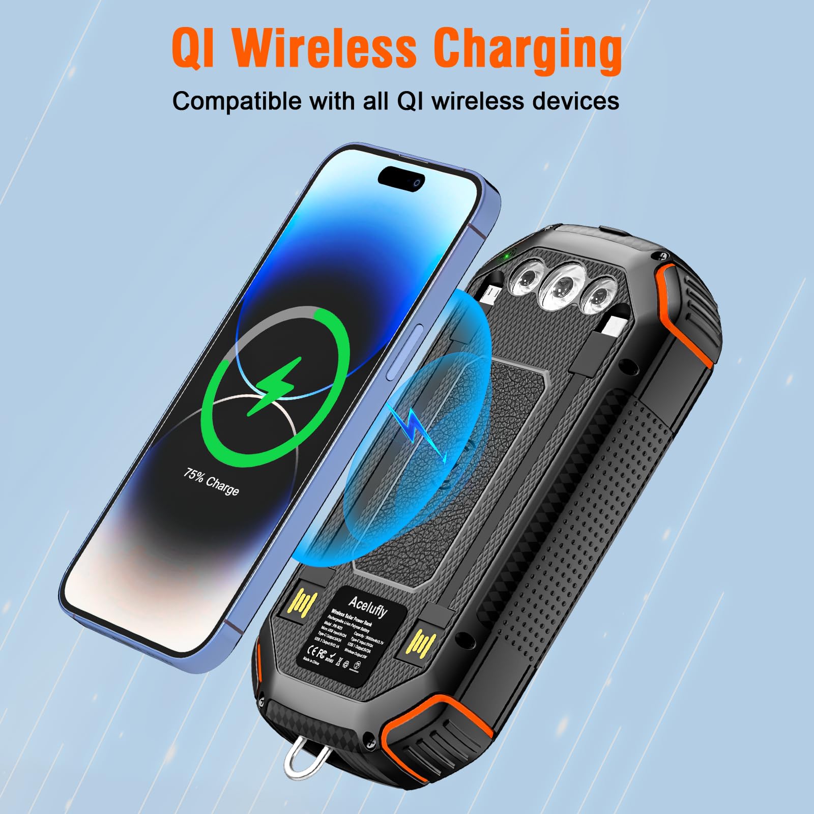 Senza fili Power bank Solare da 26800mAh con 3 Cavi Integrati e Luci da Campeggio, USB-C PD 15W 3A con 4 Uscite e 3 Ingressi, power bank Solare per iPhone, Samsung, Smartphone