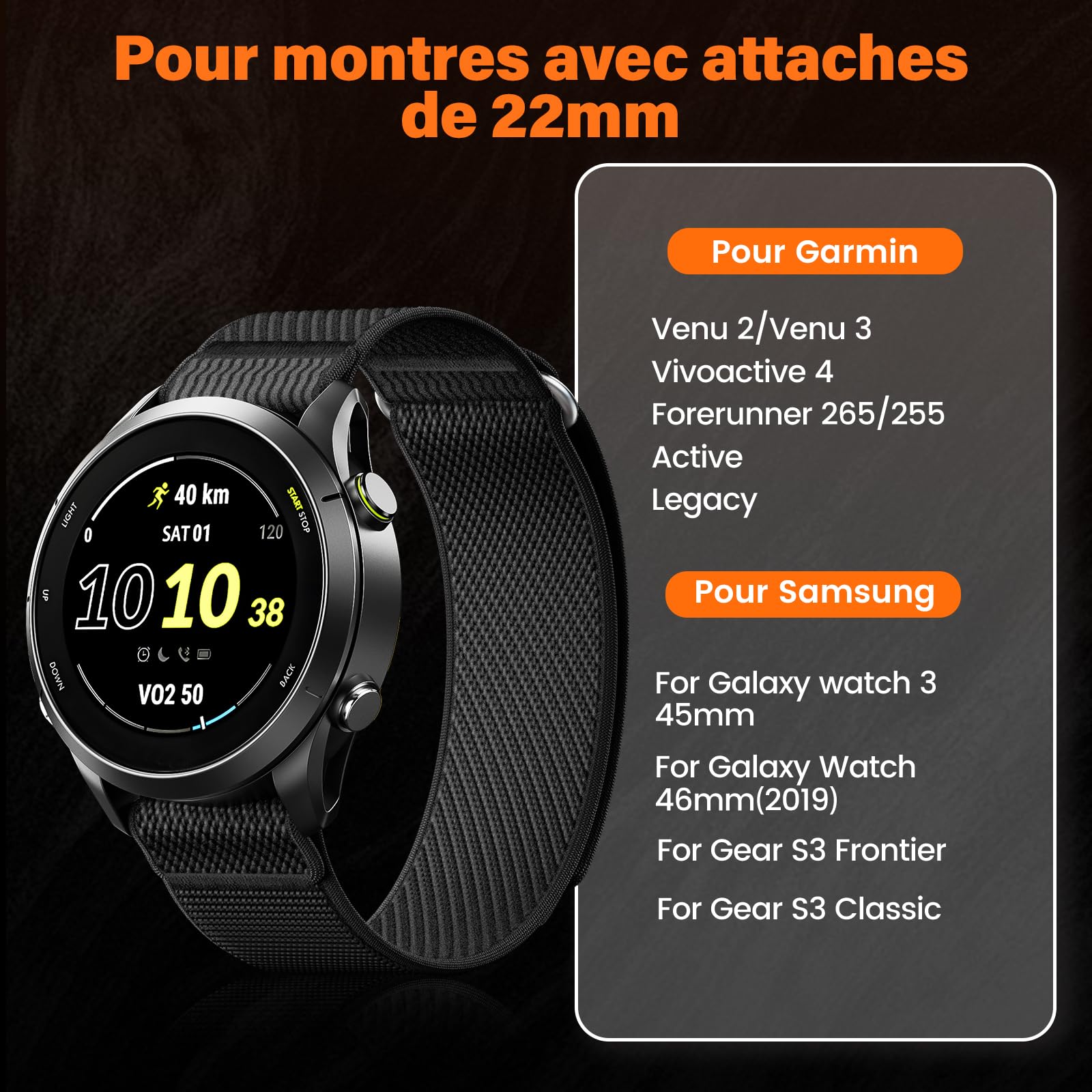Élastique Nylon Bracelets de Remplacement pour Garmin Venu 4 45mm/3/2,Vivoactive 4, 22mm Sport Bracelet pour Garmin Forerunner 570 47mm/970/255/265 Élastique Nylon Bracelets de Remplacement pour Garmin Venu 4 45mm/3/2,Vivoactive 4, 22mm Sport Bracelet pour Garmin Forerunner 570 47mm/970/255/265