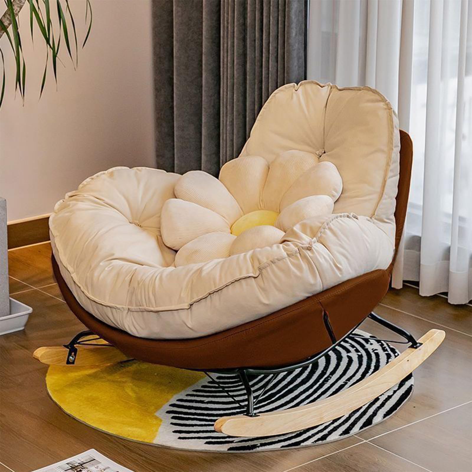 Braccioli Comodi Beige Sedia A Dondolo BRILVERDE Beige - Braccioli Imbottiti Velluto Orsacchiotto 92x75x68cm - Per Soggiorno E Camera Sedia Dondolo - 6