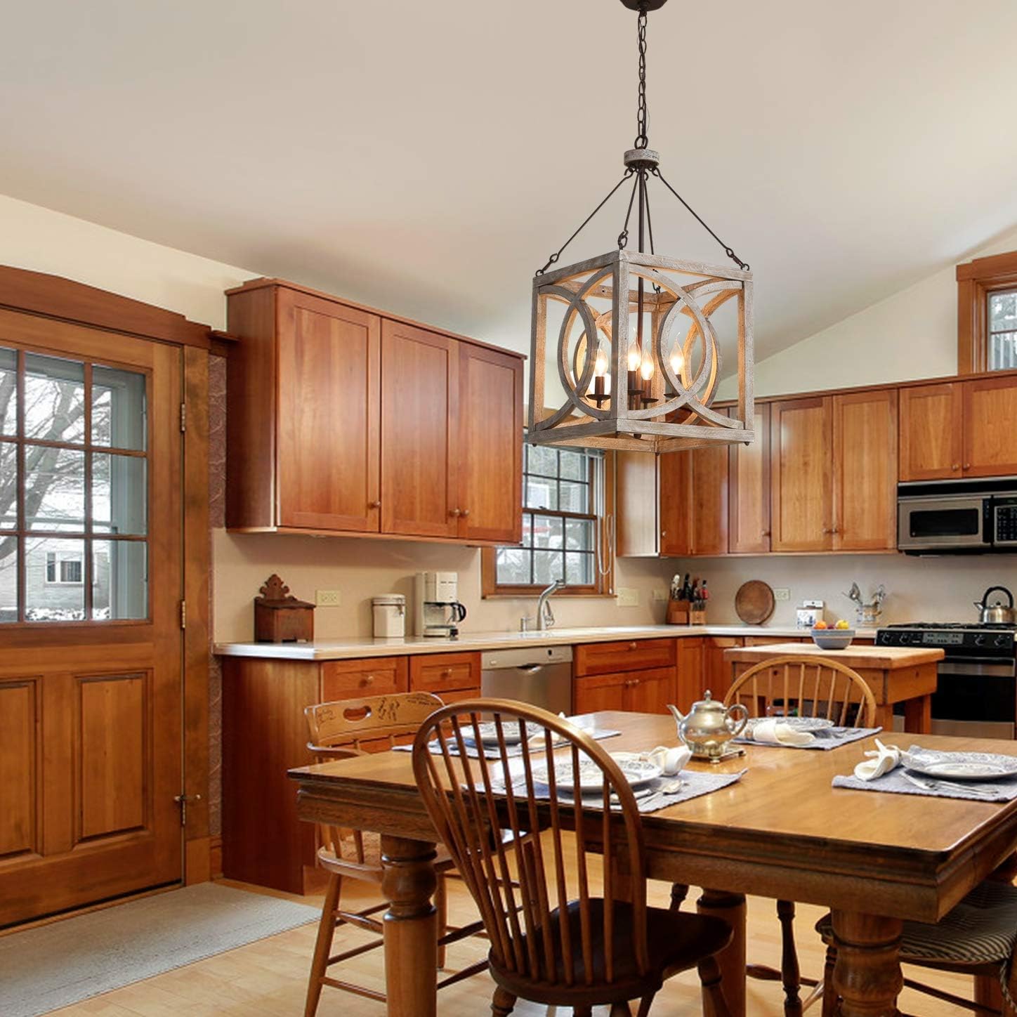 Exсluѕіvе Sресіаl Farmhouse Rustic 4-Light Dining Room Wood Chandelier, Vintage Wood and Metal Pendant Light Fixture Kitchen Island Ceiling Lighting Foyer Chandeliers