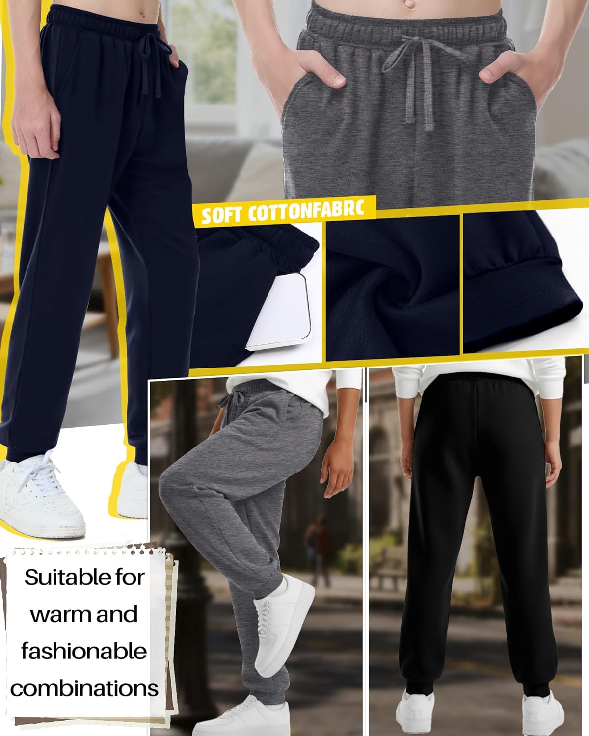3 Pack Boys Sweatpants Athletic Joggers Drawstring Lightweight Stretchy Active Straight Pants with Pockets Fall - Image 4