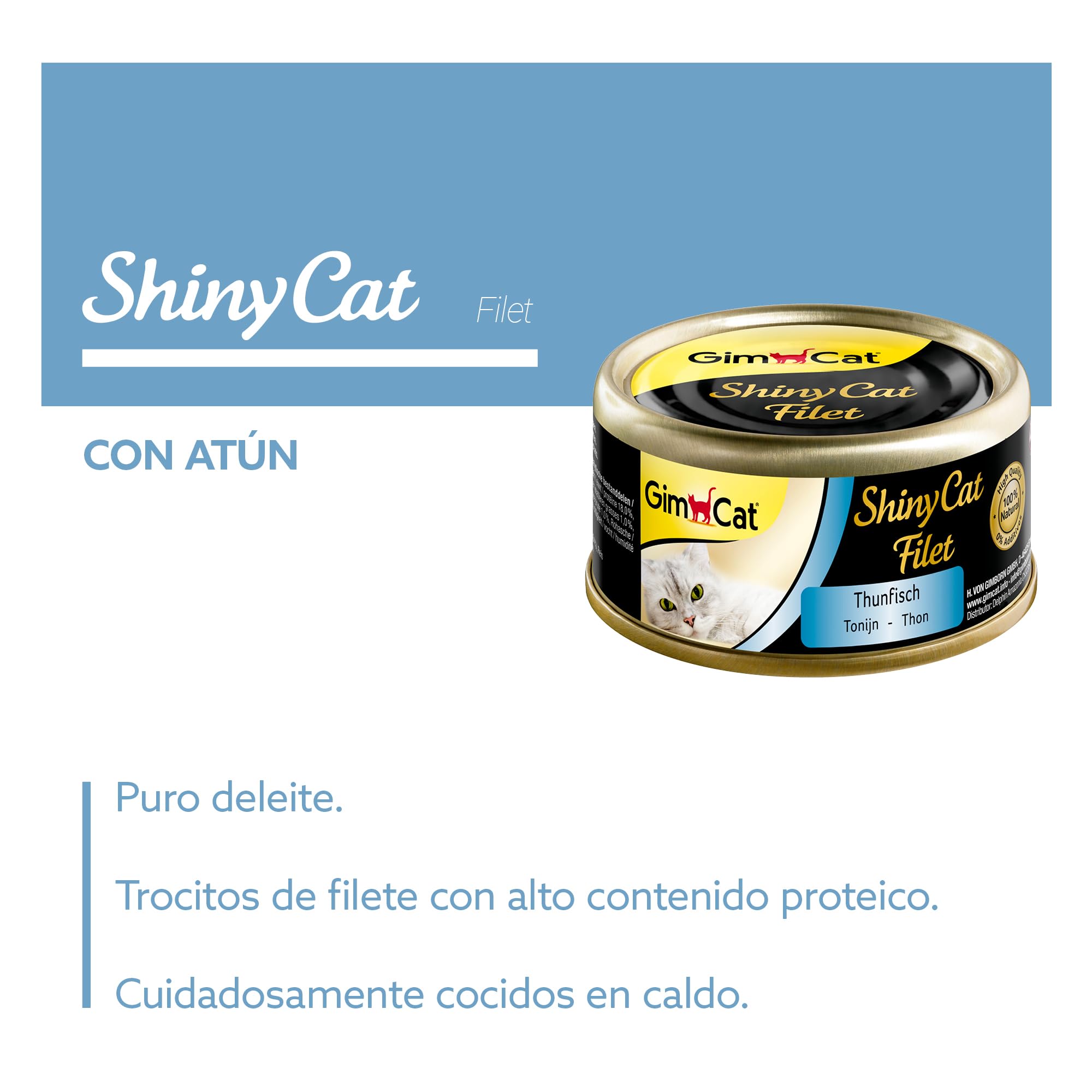 GimCat ShinyCat Filet - Comida para gatos con 100 % de filete para gatos adultos - Sin azúcar añadido ni gluten - Atún - 48 latas (48 x 70 g)